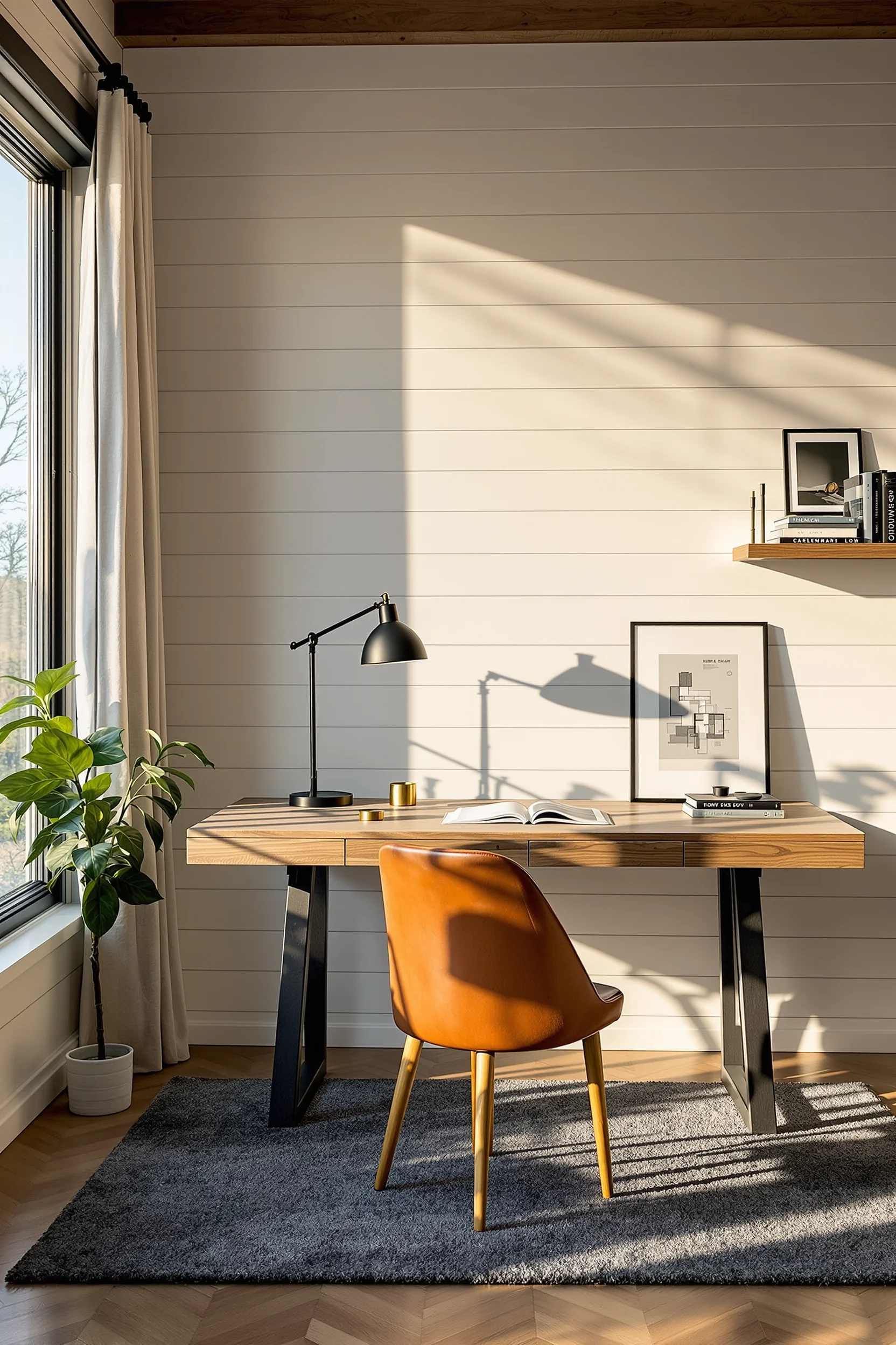 barndominium office inspiration with floating oak shelf linen curtains fiddle leaf fig plant beside window