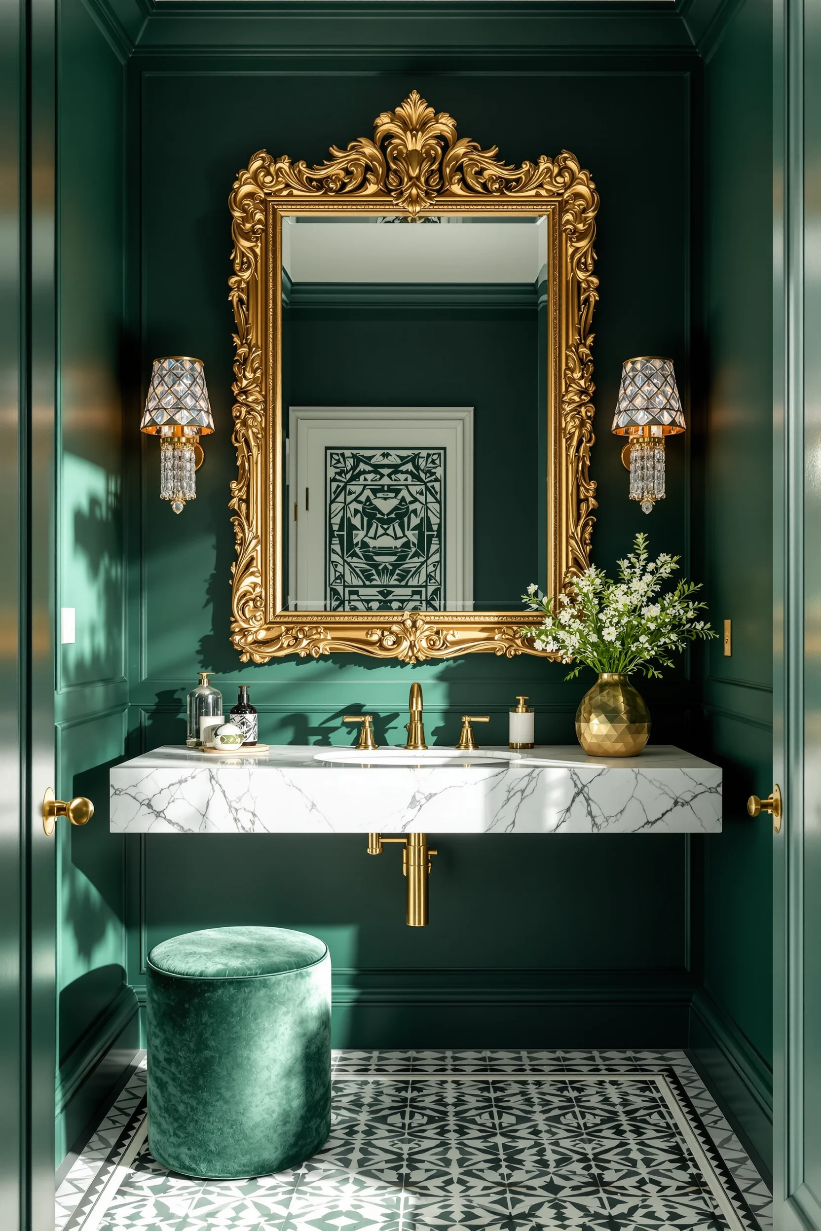 bathroom aesthetics maximalist presenting bold geometric tiles with velvet upholstered stool and layered texture throughout space
