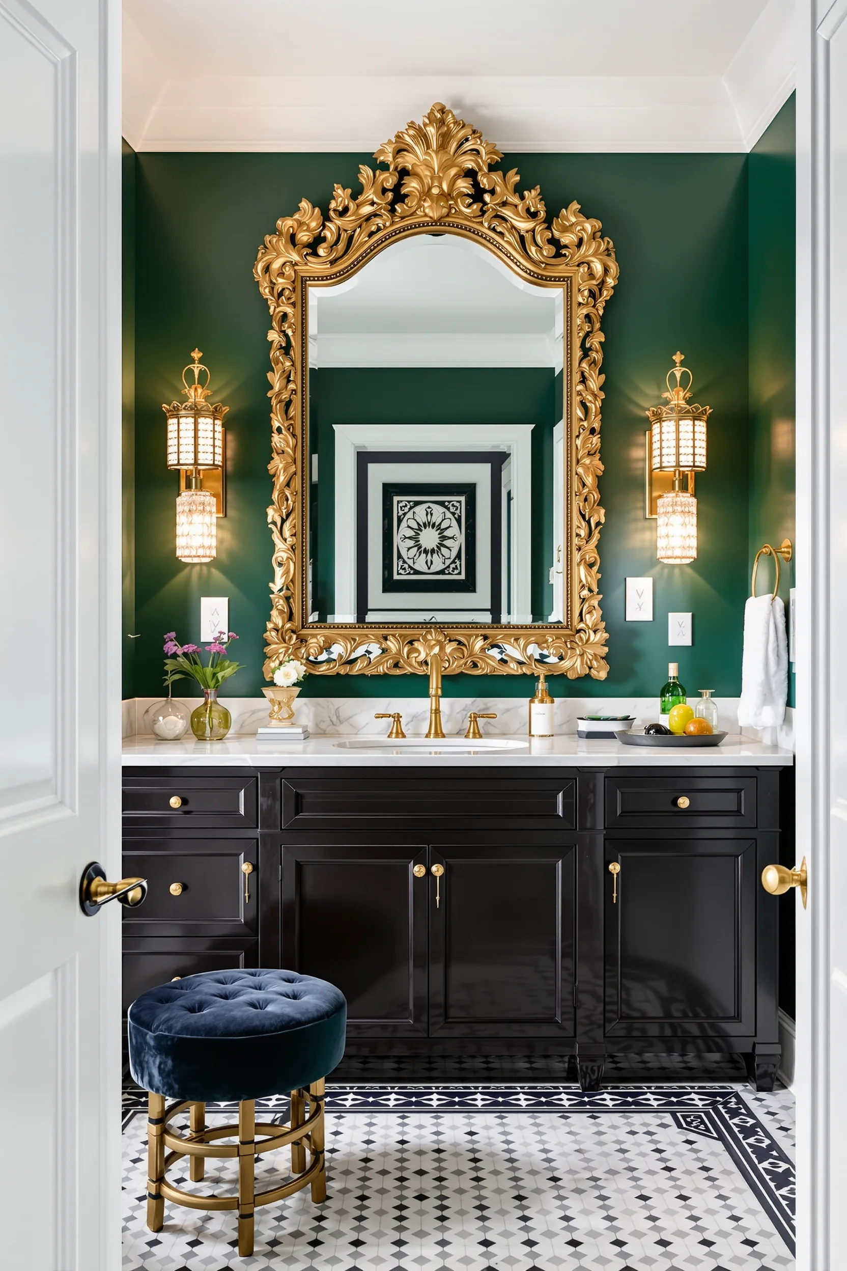bathroom designs maximalist showing ornate decorative mirror with jewel tone stool and patterned tile flooring creating luxury