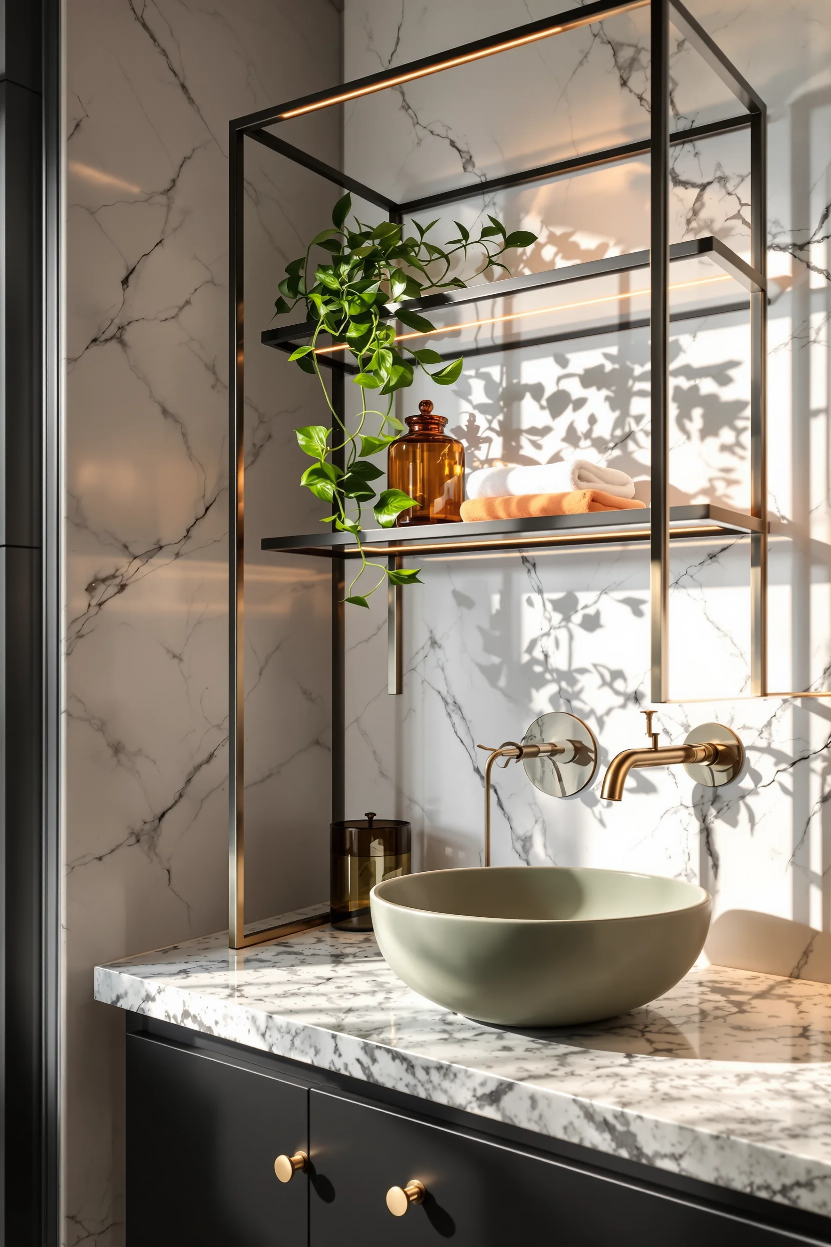 bathroom maximalist decor aesthetics with geometric shelf styling rolled white towels brass accents and professional shallow depth composition