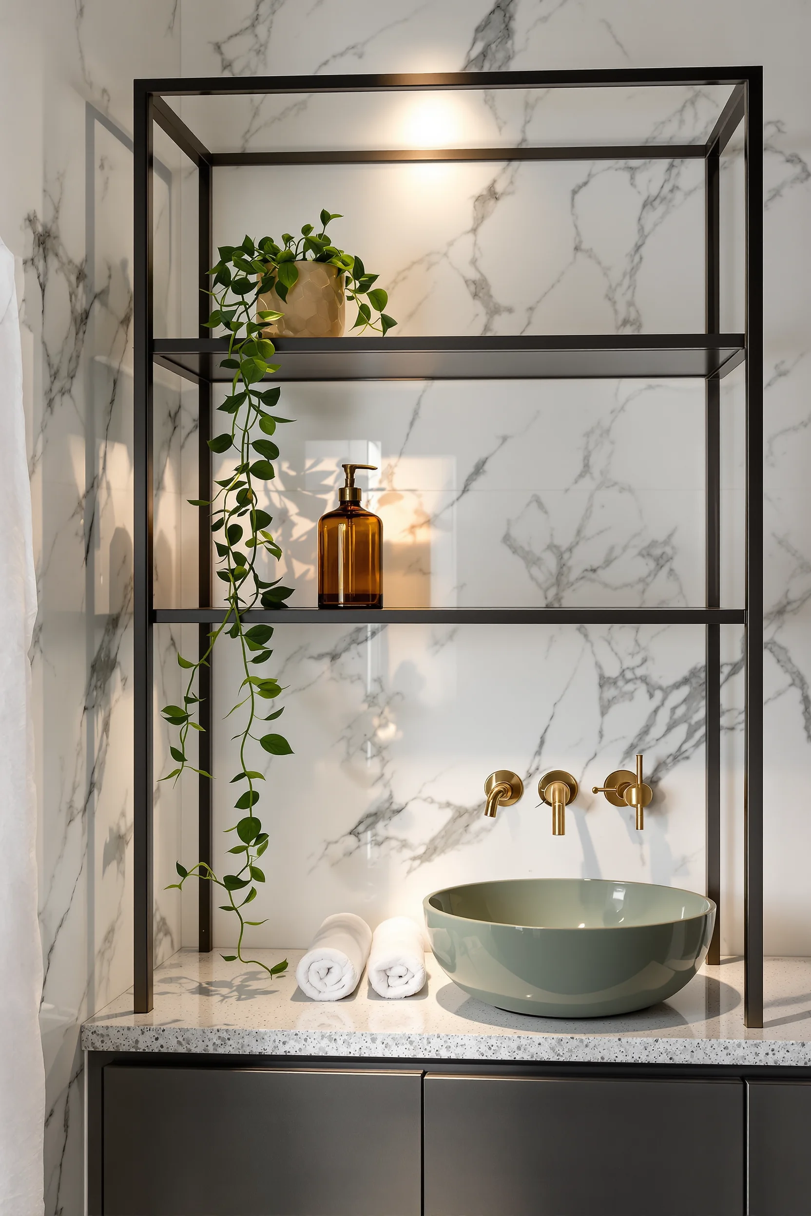 bathroom maximalist decor designs showing modern floating shelf system with dramatic lighting amber glass jar and trailing pothos plant