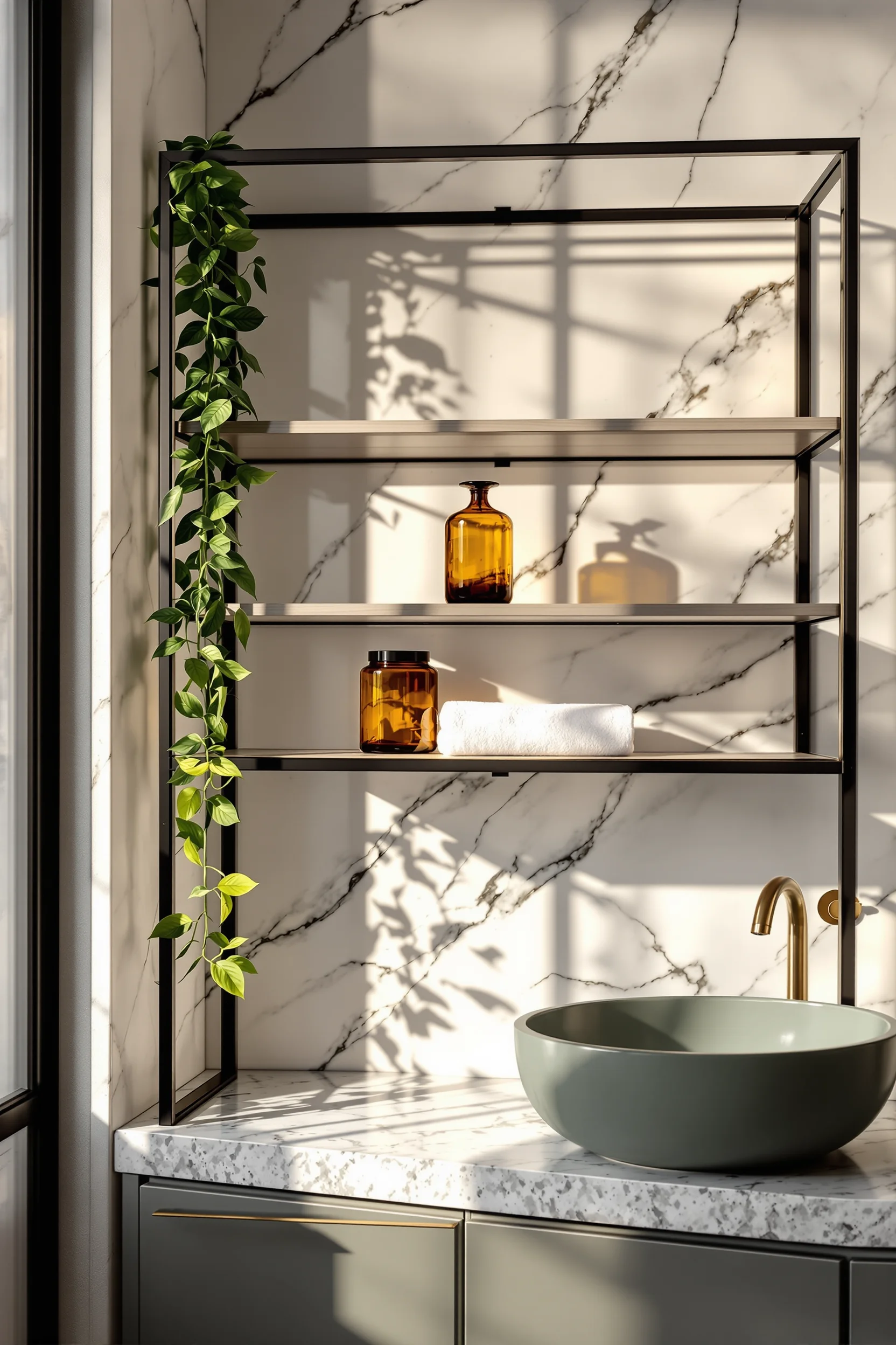 bathroom maximalist decor ideas featuring black metal open shelving with brass hardware against white marble wall and terrazzo countertop