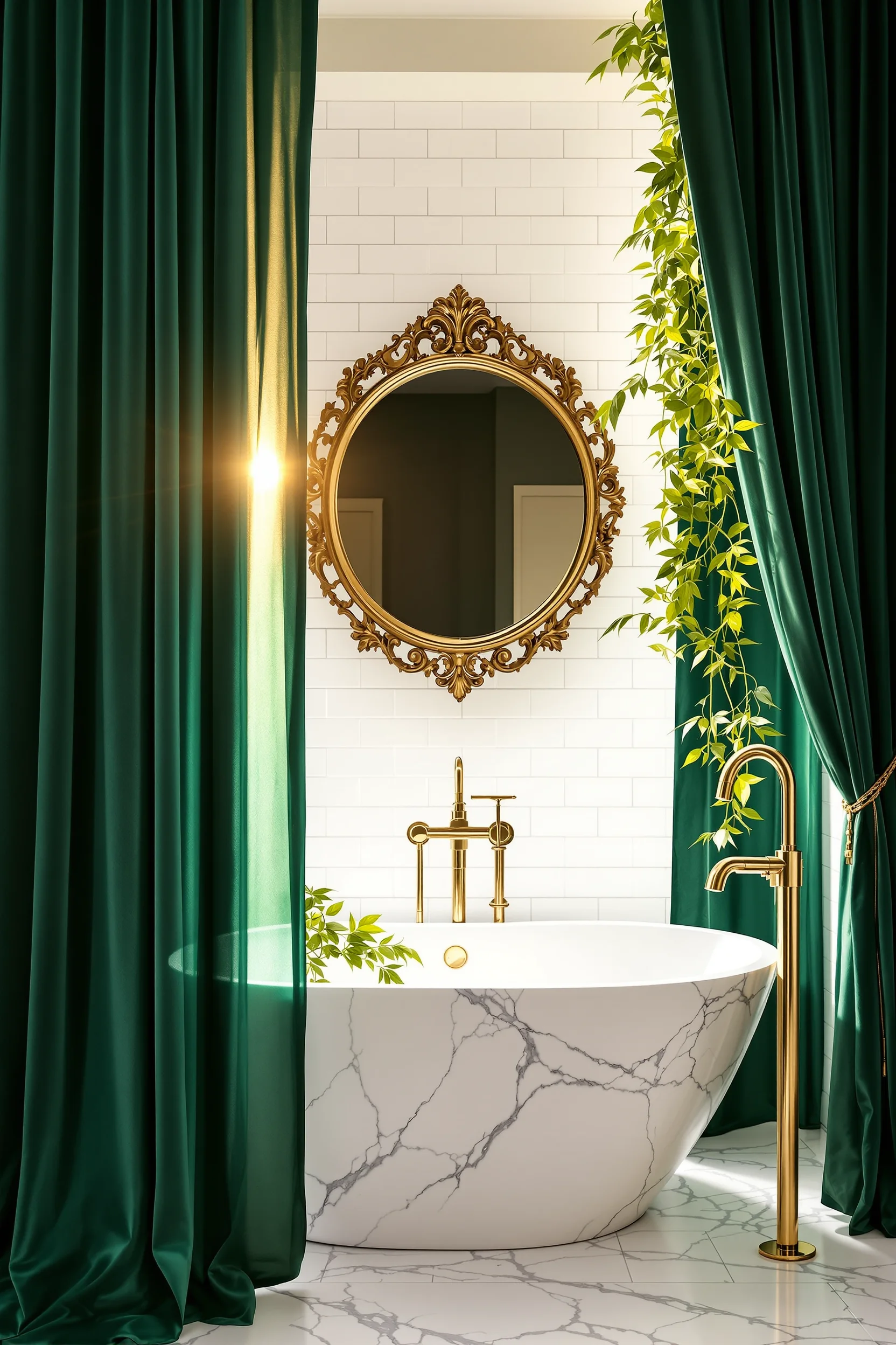 bathroom maximalist inspiration with floor to ceiling emerald fabric white tile walls golden light and ornate brass hardware