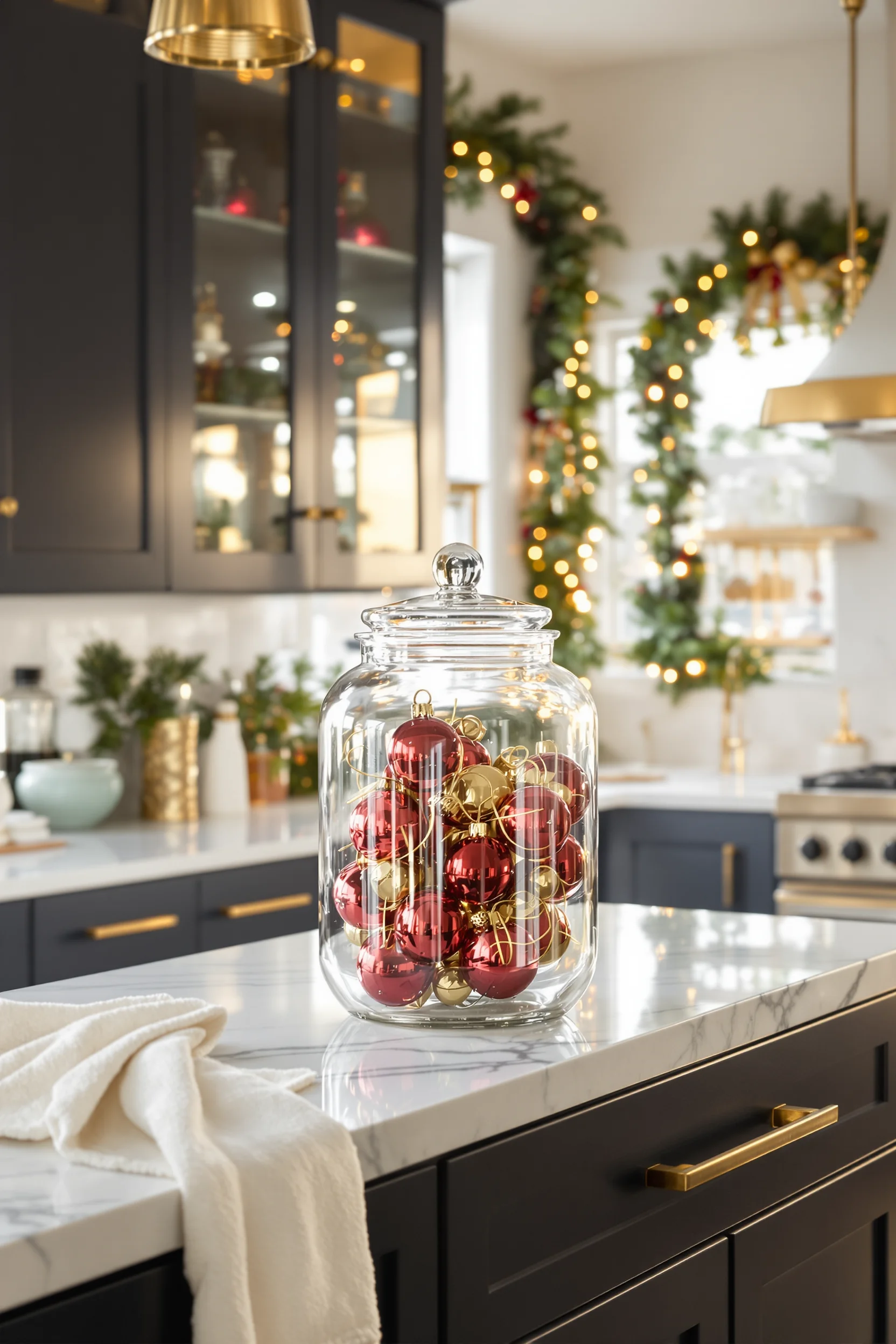 christmas decor kitchen ideas featuring glass canister with red gold ornaments on white marble counter and navy cabinets