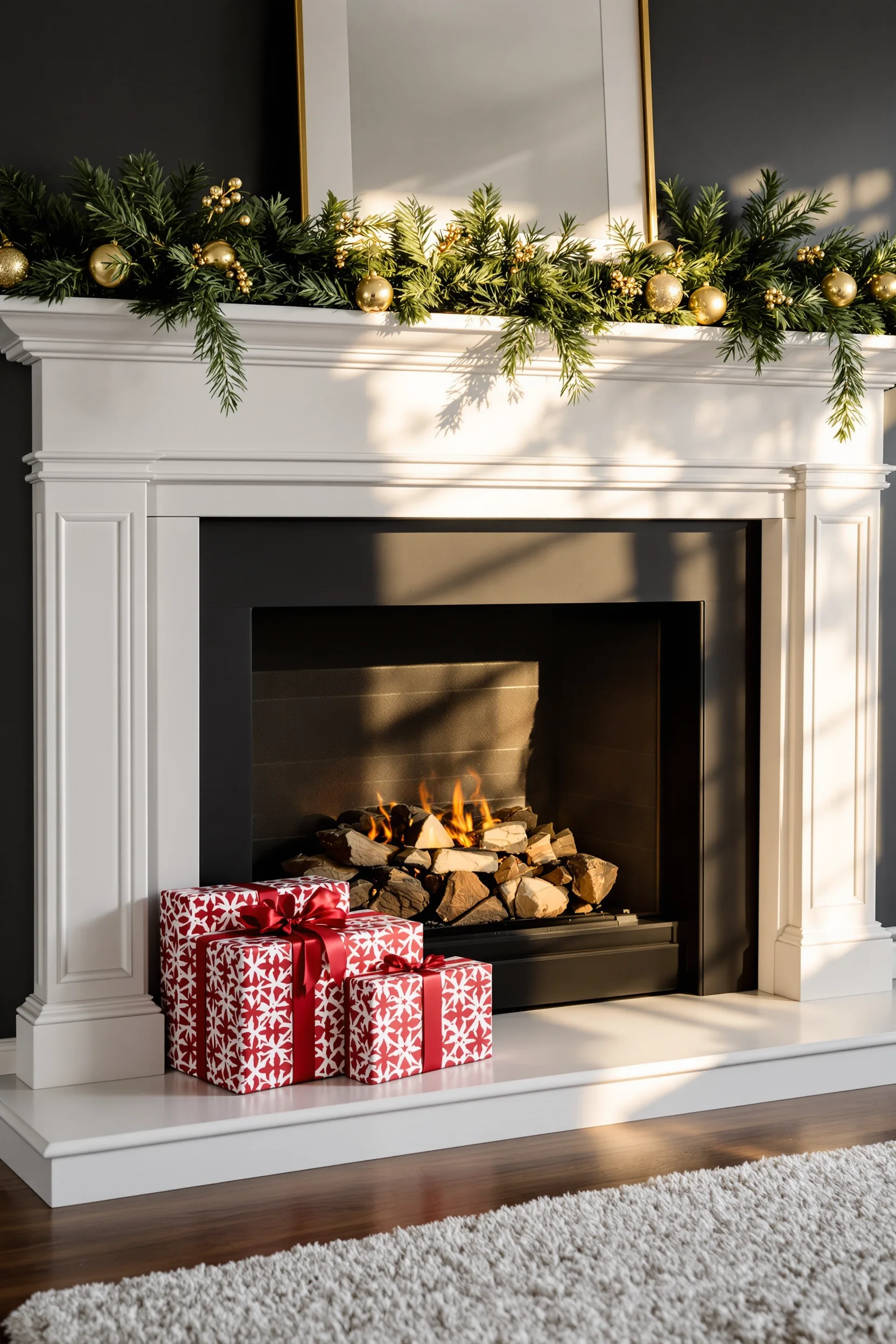 christmas fireplace aesthetics with hanging stockings gold candlesticks and traditional wreath in cozy living room