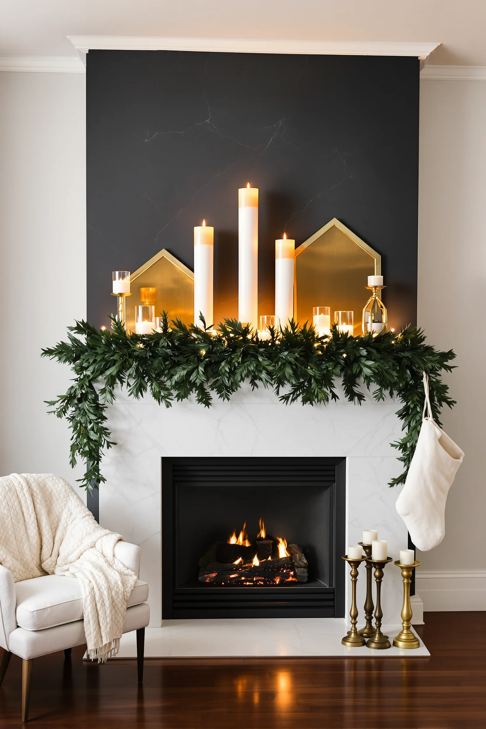 christmas fireplace decor ideas featuring oversized pillar candles evergreen garland on white marble mantel with golden candlelight glow