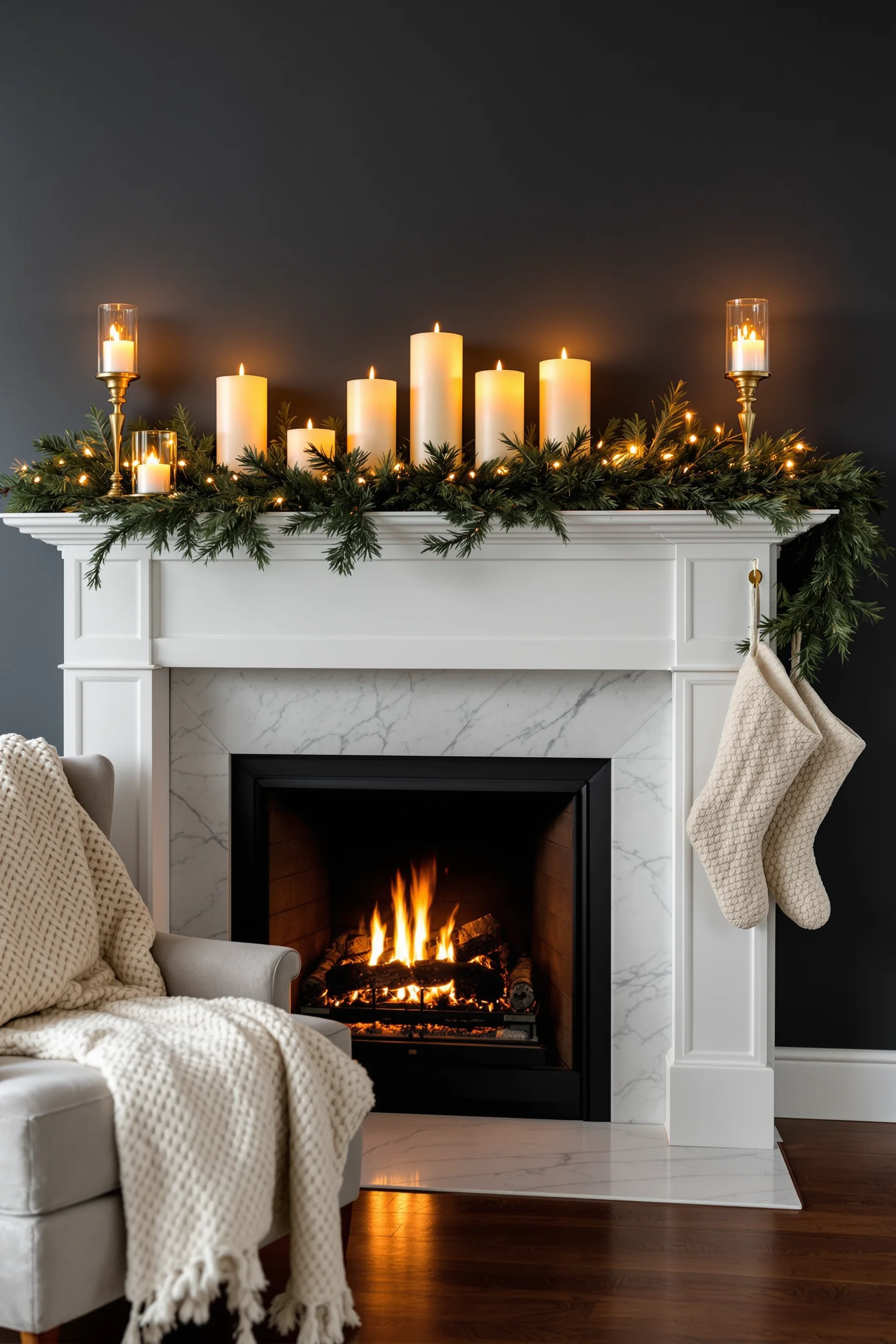 christmas fireplace decor inspiration with deep green garland dramatic candle arrangement velvet stocking on classic modern fireplace