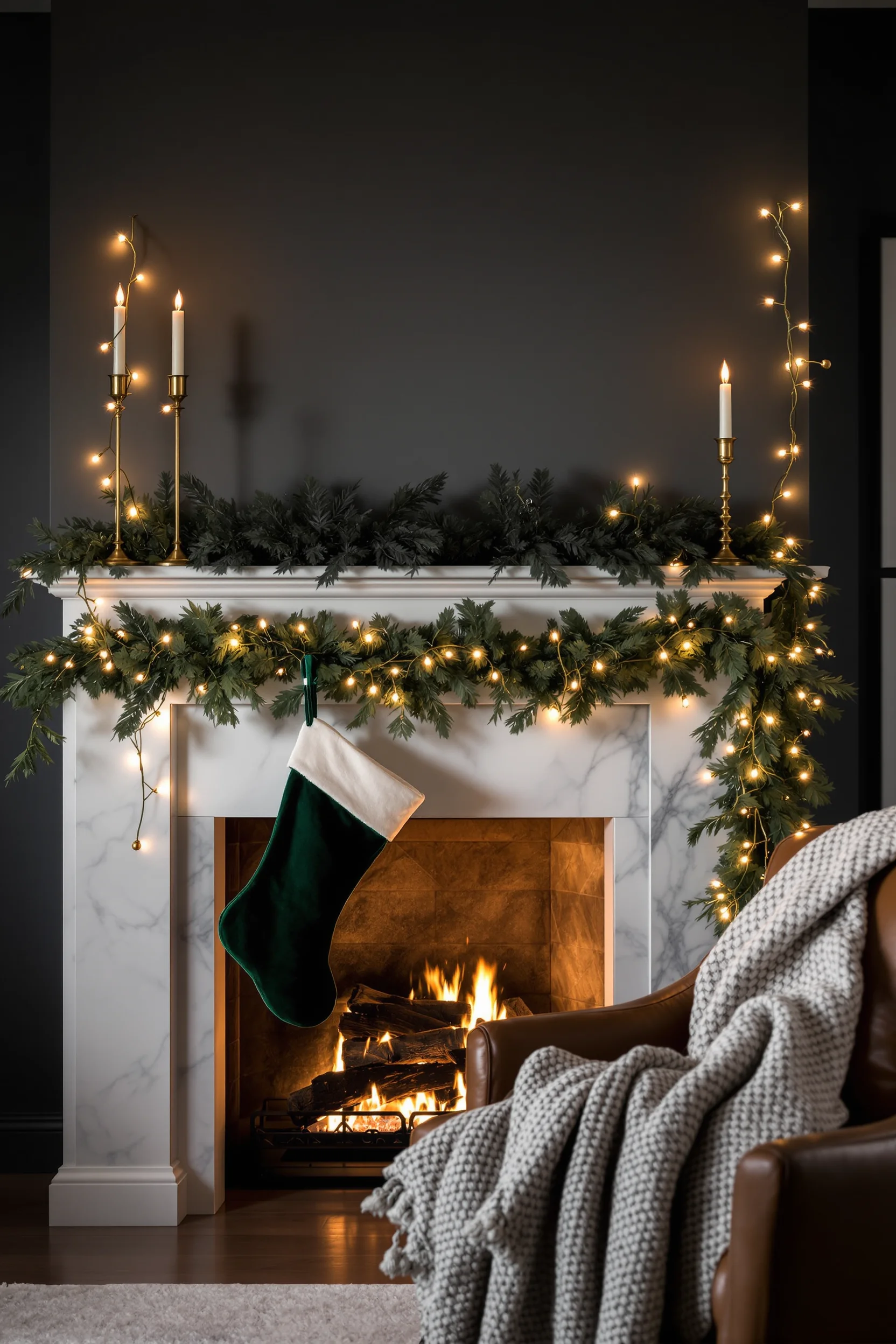 christmas fireplace decorations aesthetics displaying dramatic dark accent wall polished marble hearth elegant brass accessories with professional lighting