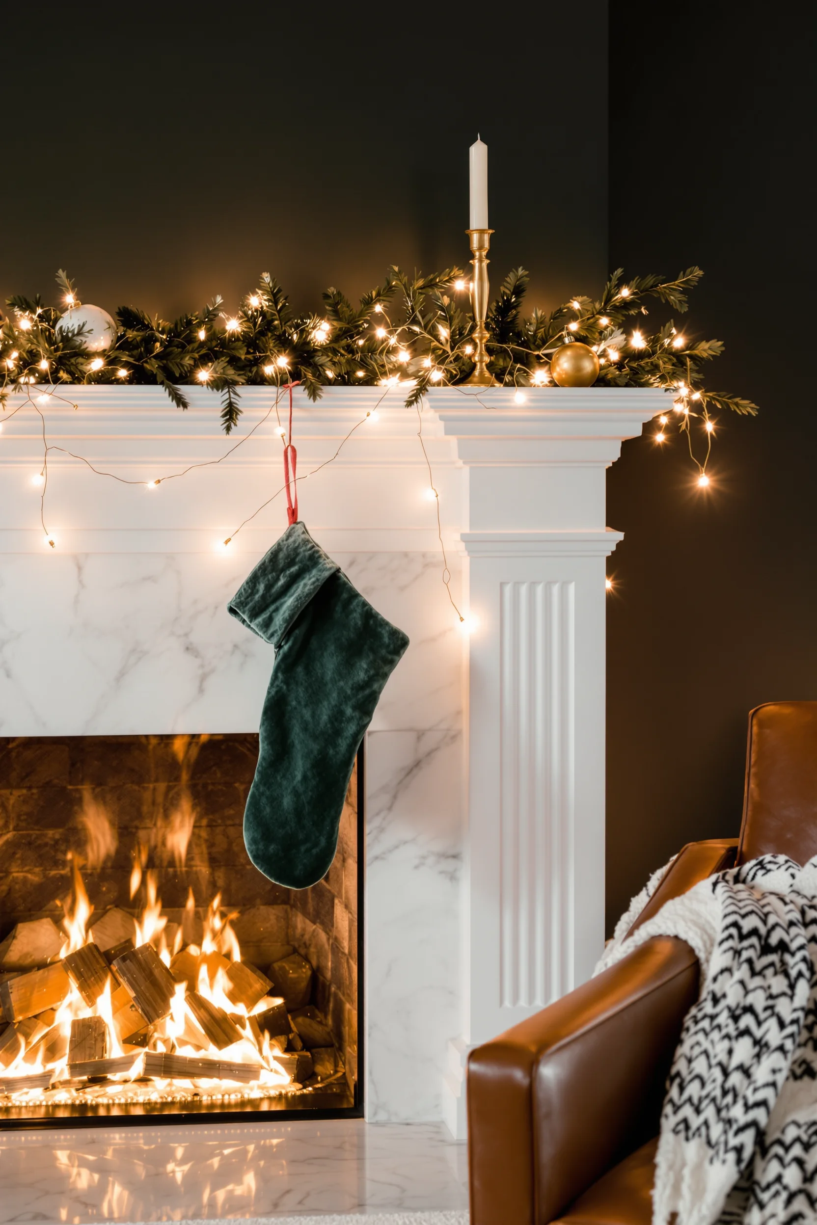 christmas fireplace decorations designs showing brass candlesticks frosted pine garland champagne gold ornament on classic modern marble hearth