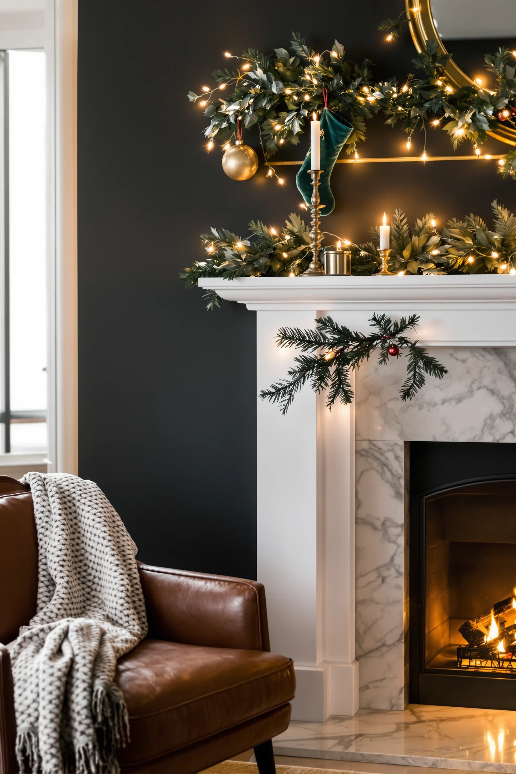 christmas fireplace decorations inspiration with twinkling lights natural pine garland luxe stockings creating warm golden glow in living space