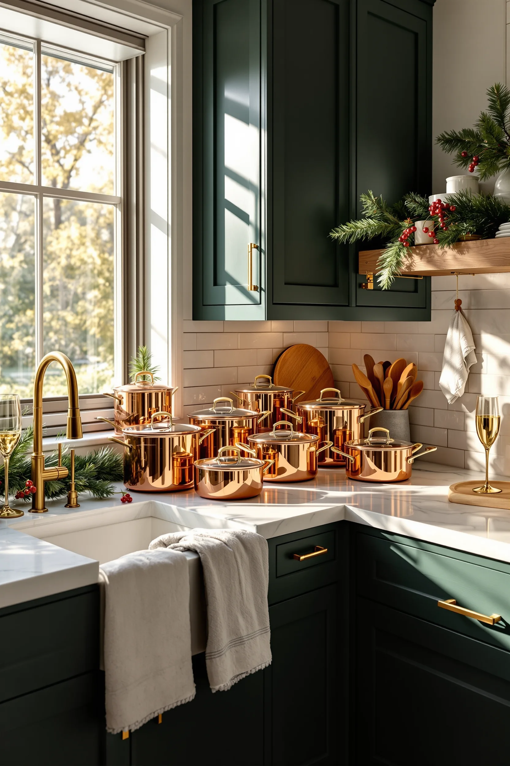 christmas kitchen cabinet decor aesthetics highlighting copper collection champagne flute and natural holiday garland styling