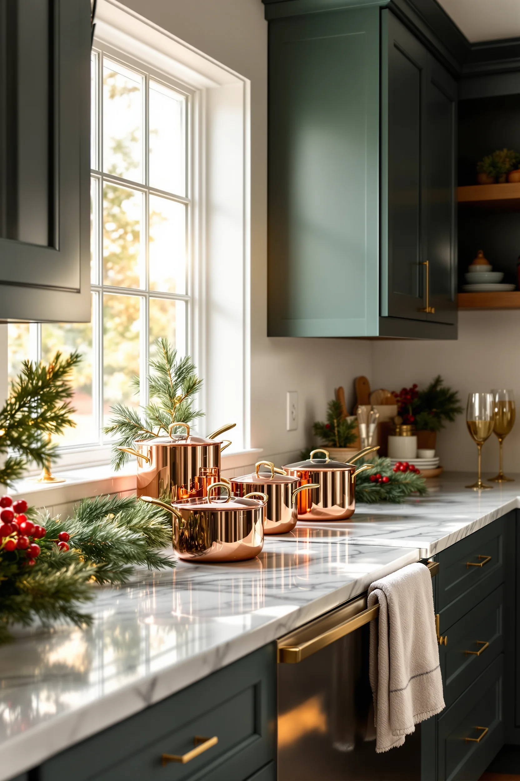 christmas kitchen cabinet decor ideas featuring green cabinets with copper pots and festive pine garland accents