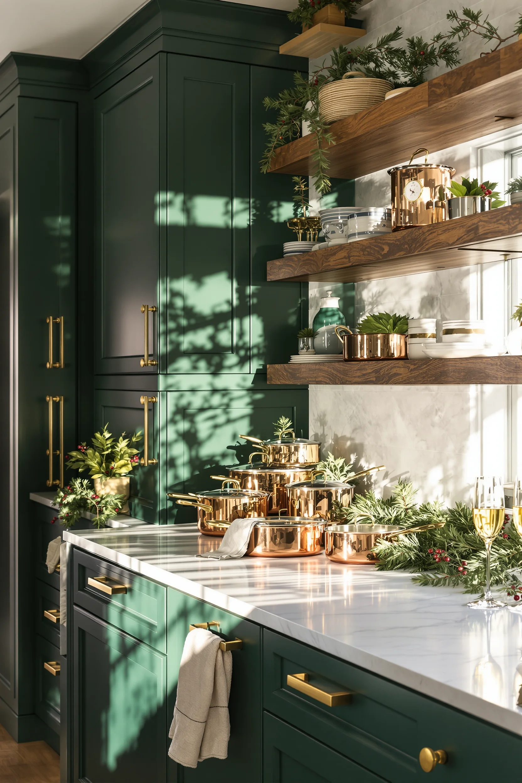 christmas kitchen cabinet decor inspiration with forest green cabinetry brass hardware and seasonal berry decorations