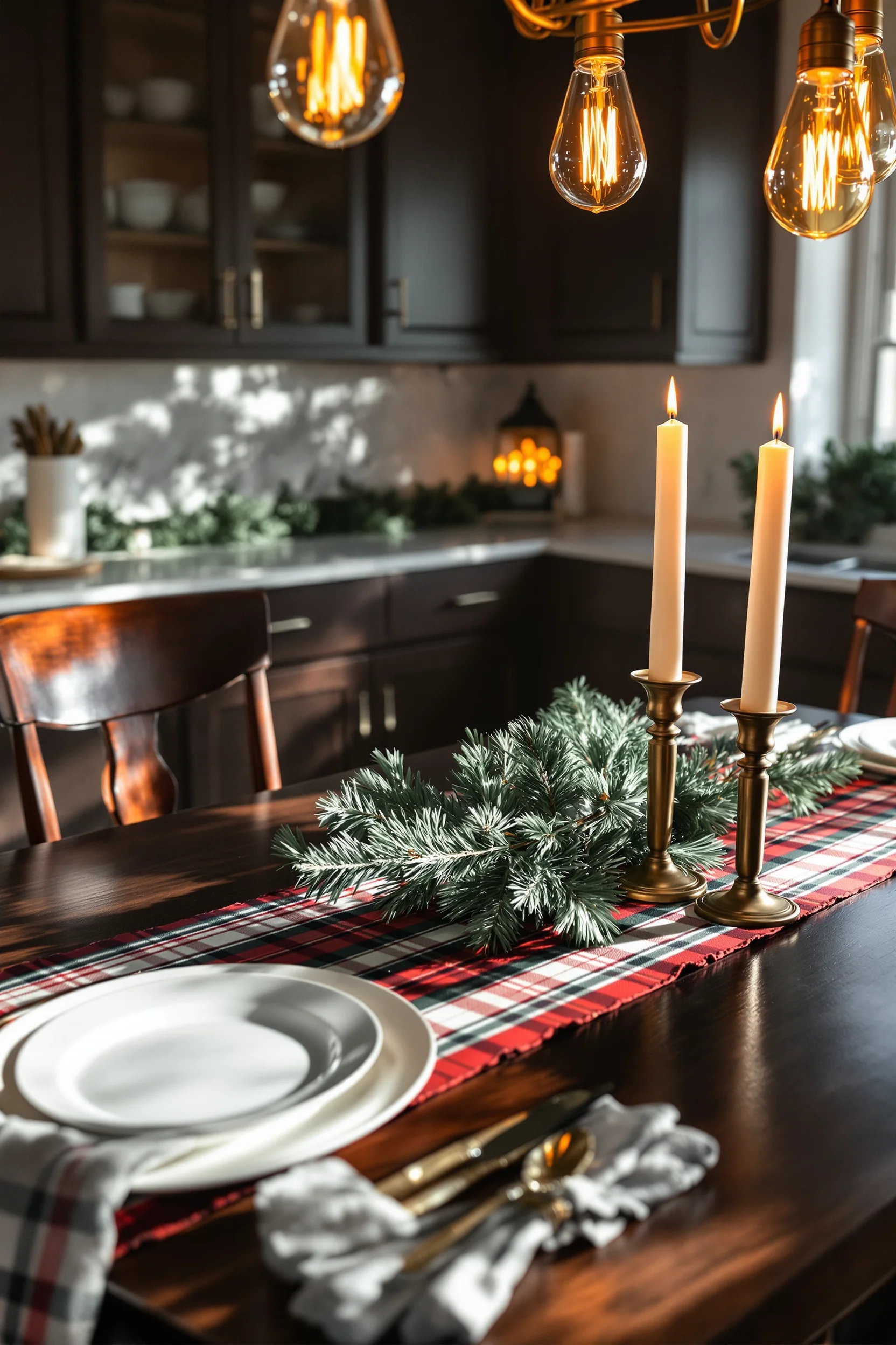 christmas kitchen decor designs showing plaid runner centerpiece with white plates brass candlestick holder and pine garland on marble countertop