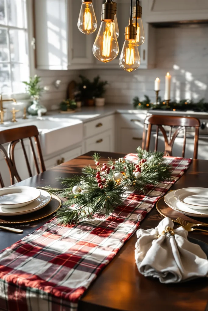 christmas kitchen decor inspiration with buffalo check pattern table runner warm amber lighting and festive holiday accents in classic modern space