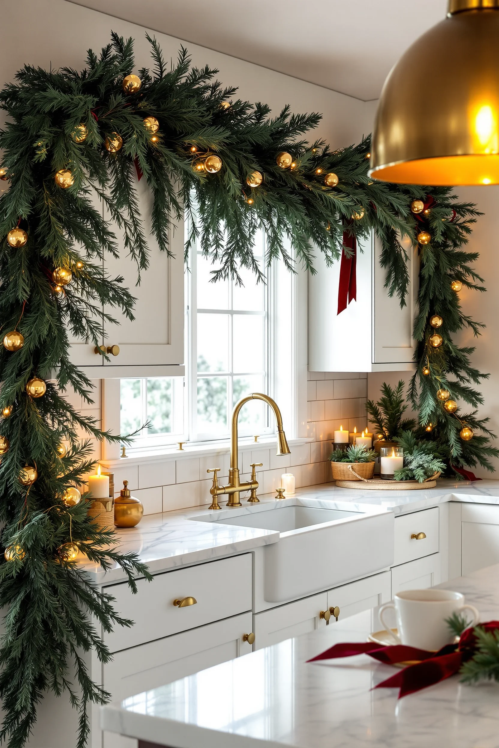 christmas kitchen inspiration with forest green garland on white shaker cabinets burgundy velvet ribbon golden lighting creating festive atmosphere