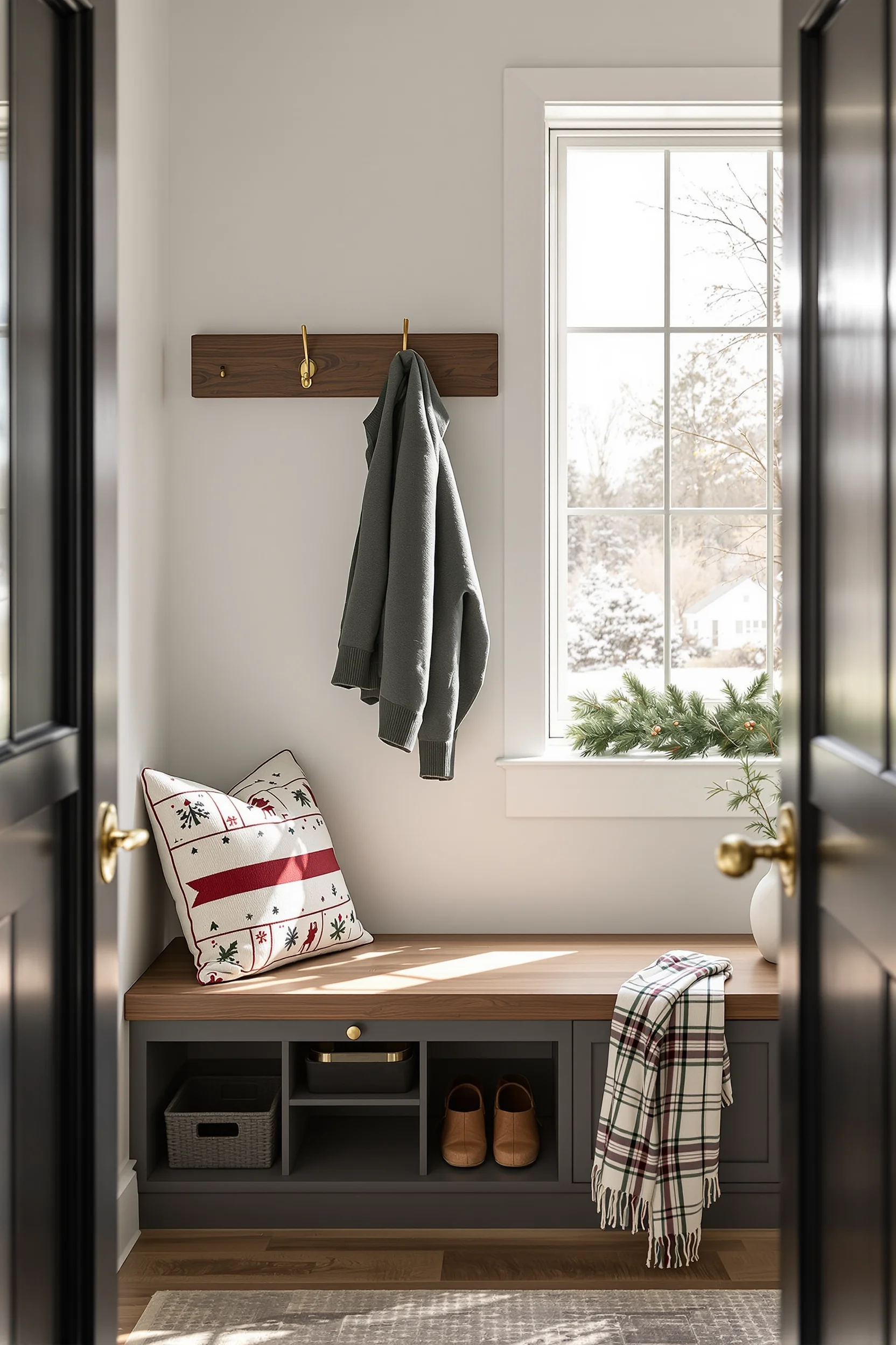 christmas modern mudroom ideas featuring wooden bench with seasonal cushion and white shiplap walls