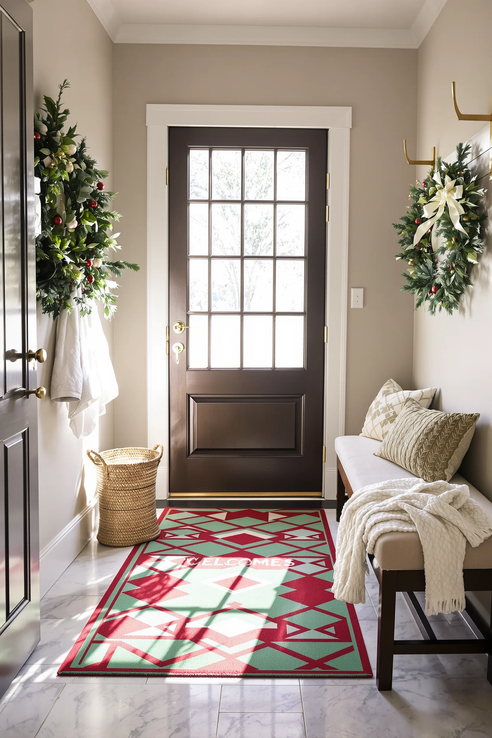 christmas mudroom aesthetics displaying cream cushions knit throws and professional holiday decor styling