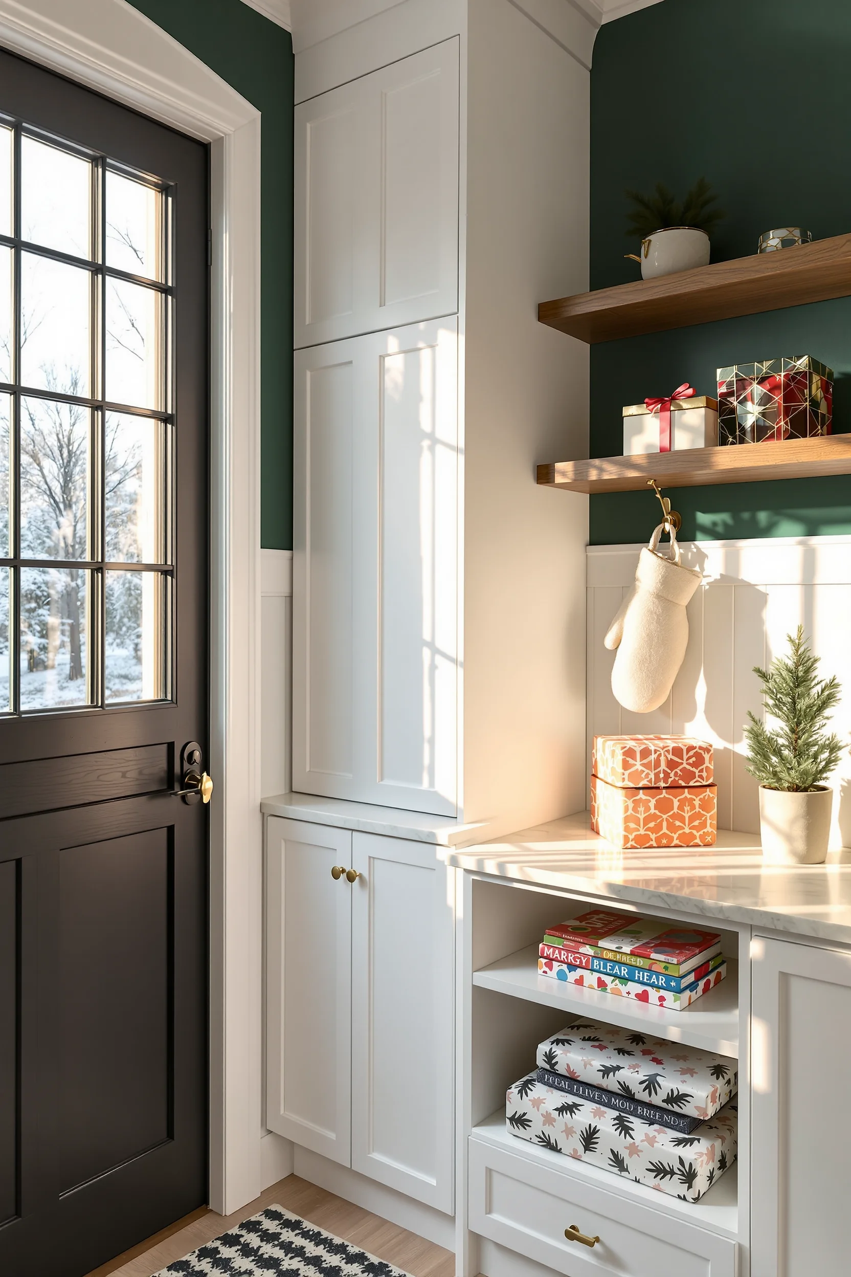 christmas mudroom aesthetics displaying frosted glass door golden hour lighting and holiday storage solutions