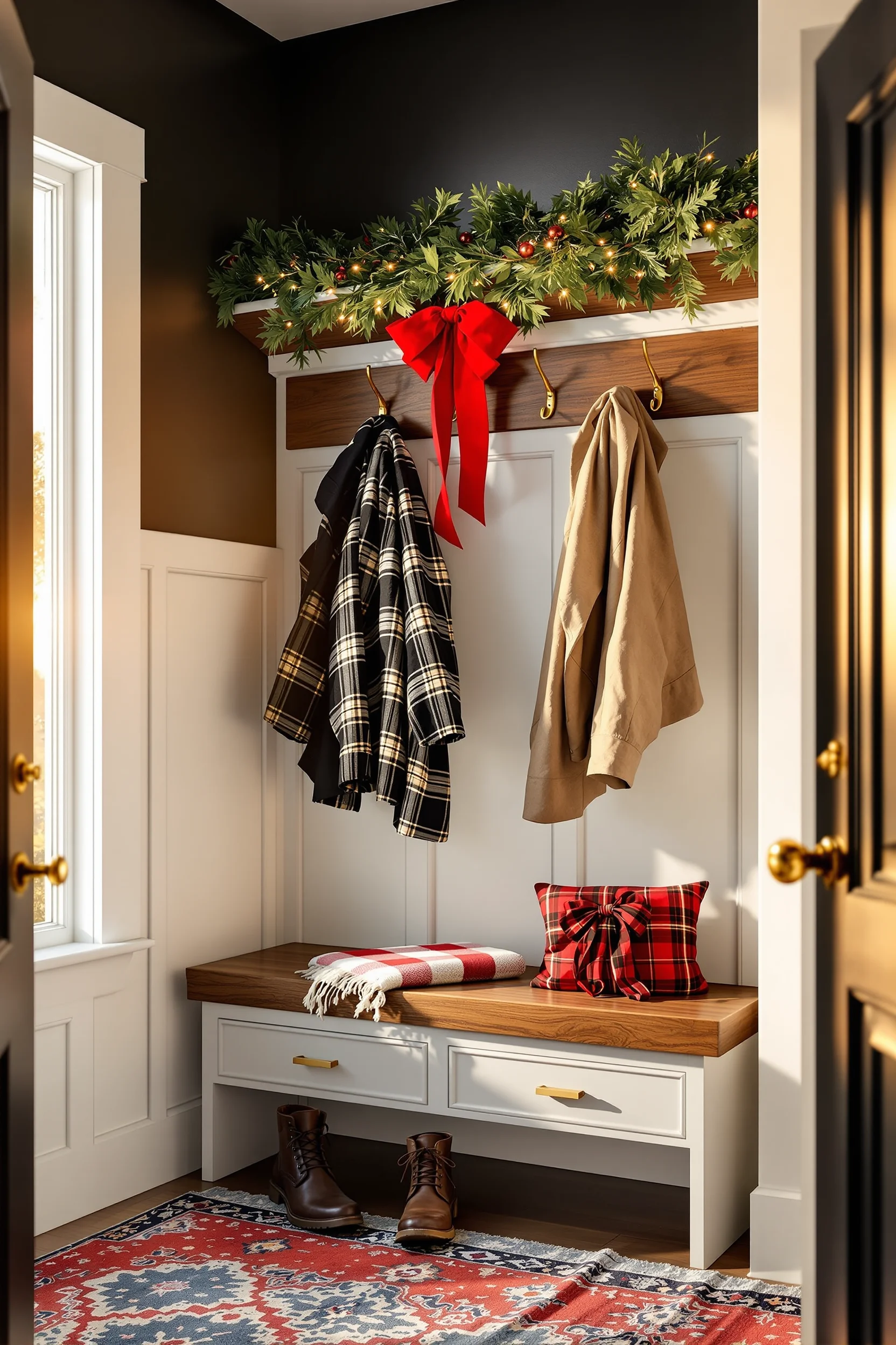 christmas mudroom aesthetics displaying golden hour lighting and vintage leather boot with festive elements
