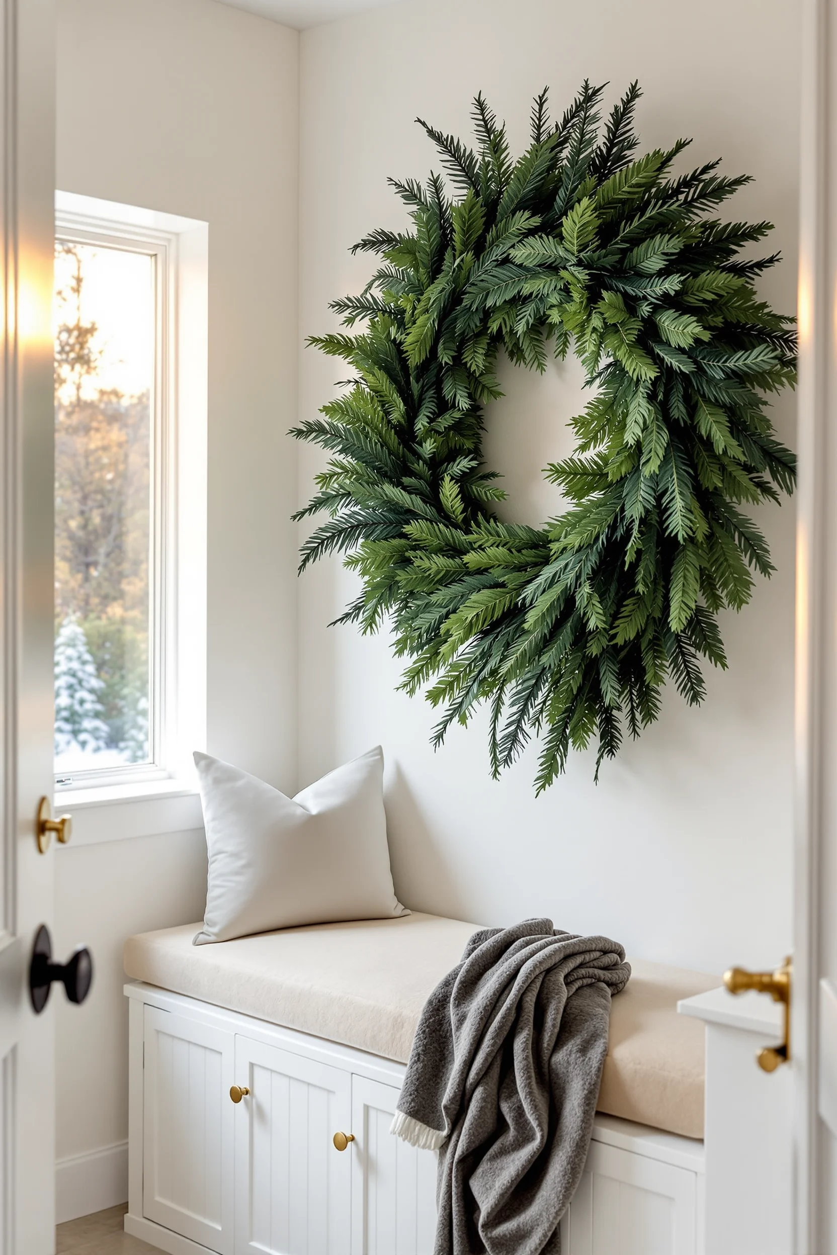christmas mudroom aesthetics displaying holiday wreath cream cushions and metallic bronze accents