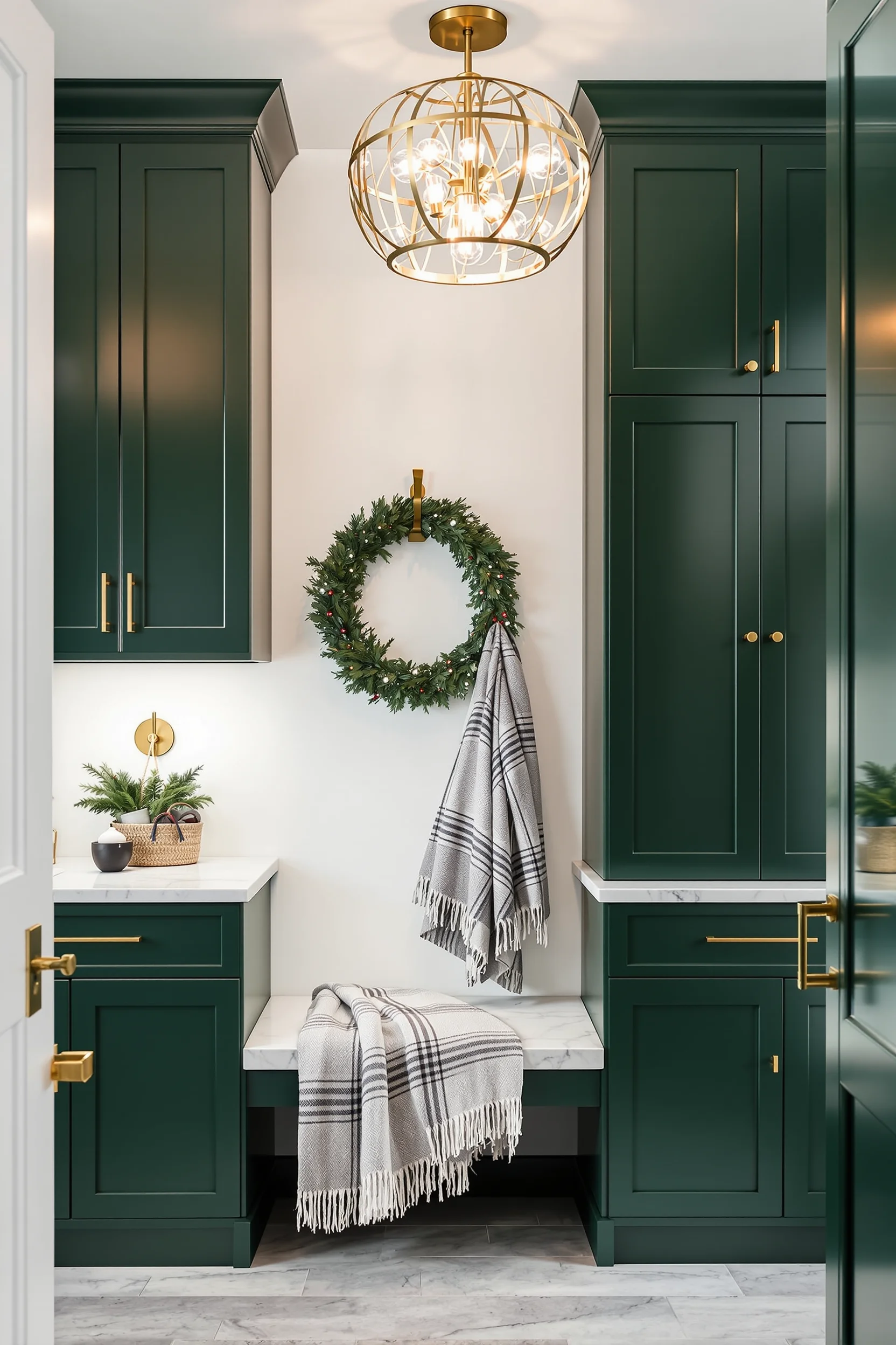 christmas mudroom aesthetics featuring dramatic shadows with crisp cabinetry and gleaming marble surfaces