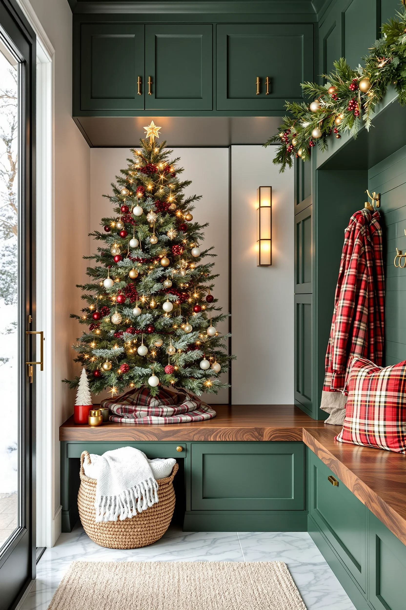 christmas mudroom bench designs showing white shiplap walls with brass hooks and holiday garland decor