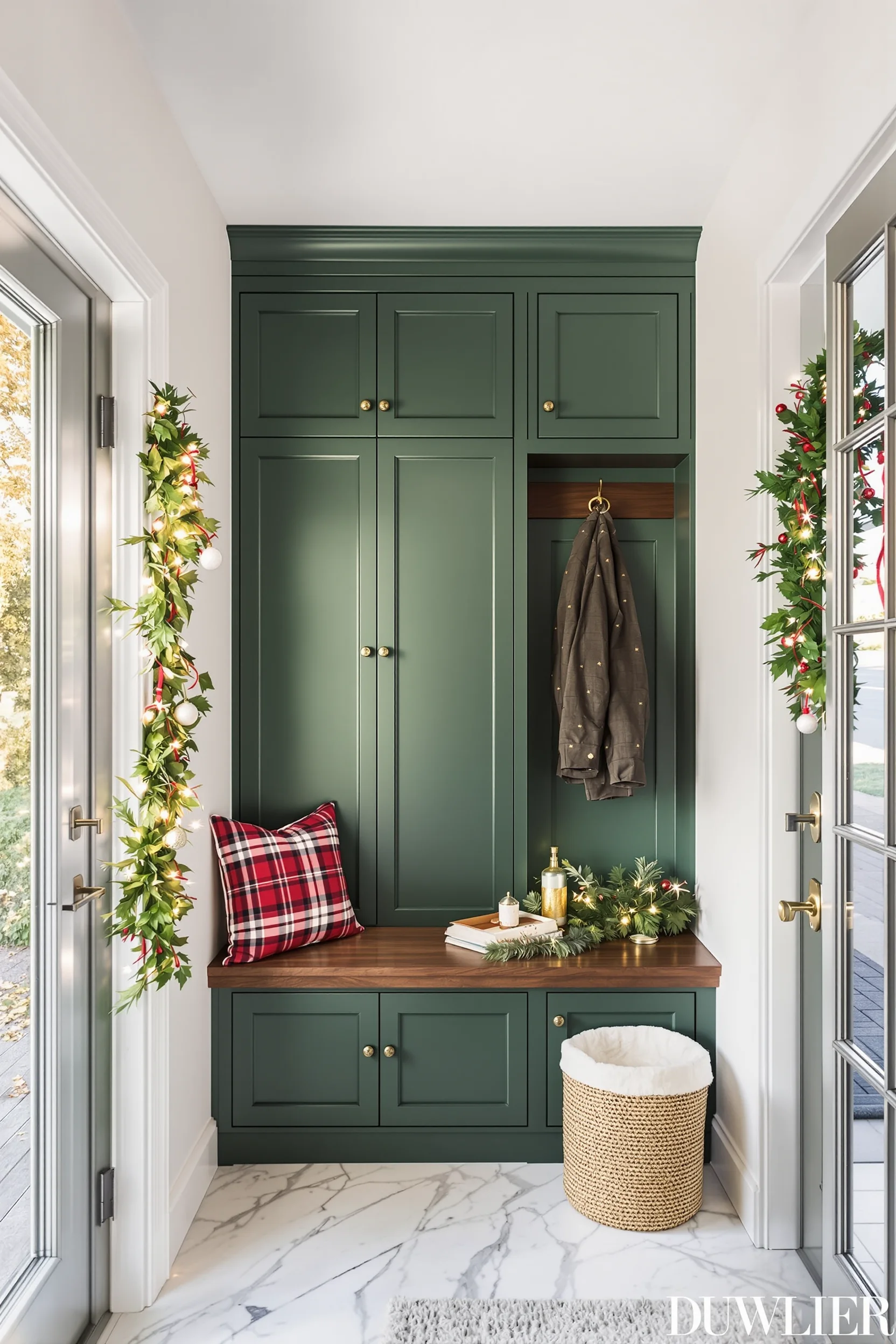 christmas mudroom bench ideas featuring emerald green cabinetry with walnut bench and red plaid cushion