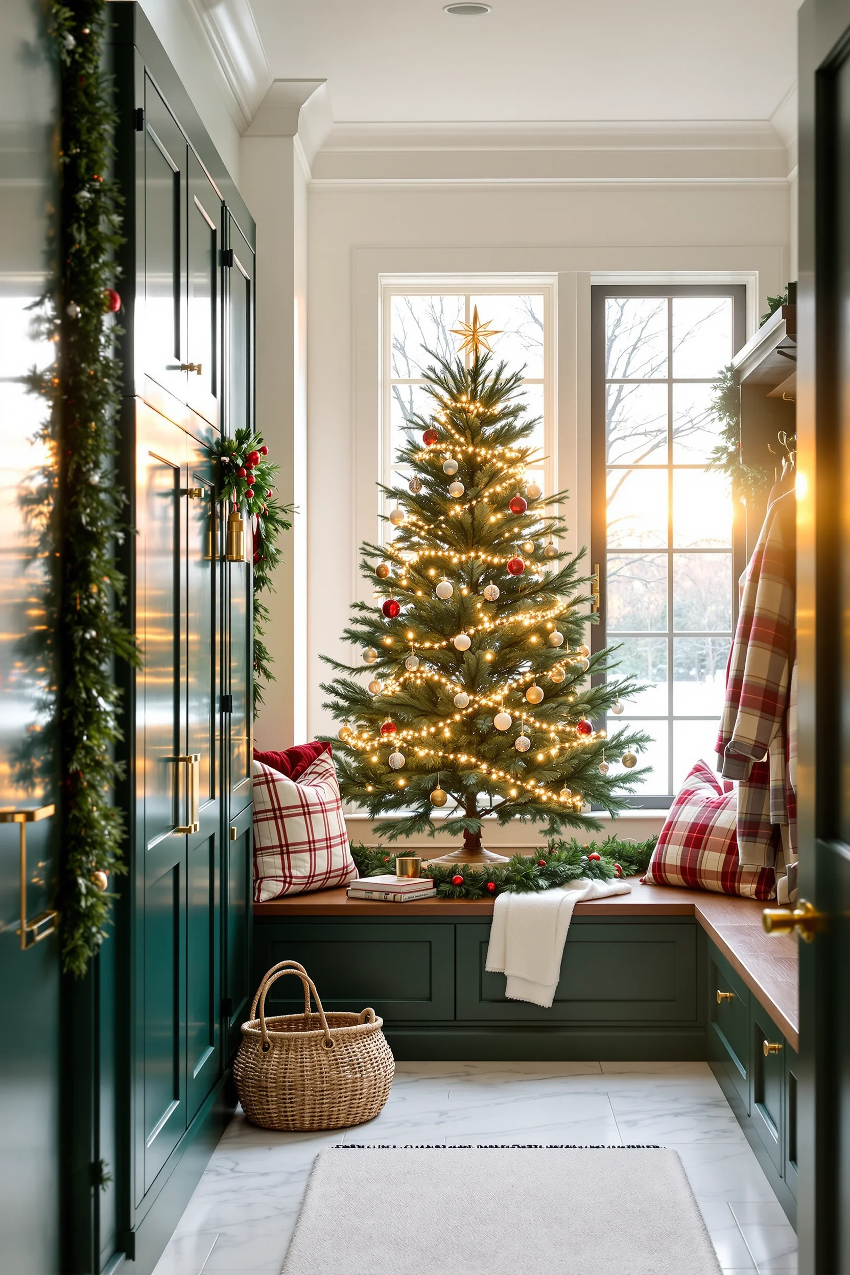 christmas mudroom bench inspiration displaying marble floors with festive tree and cozy winter styling