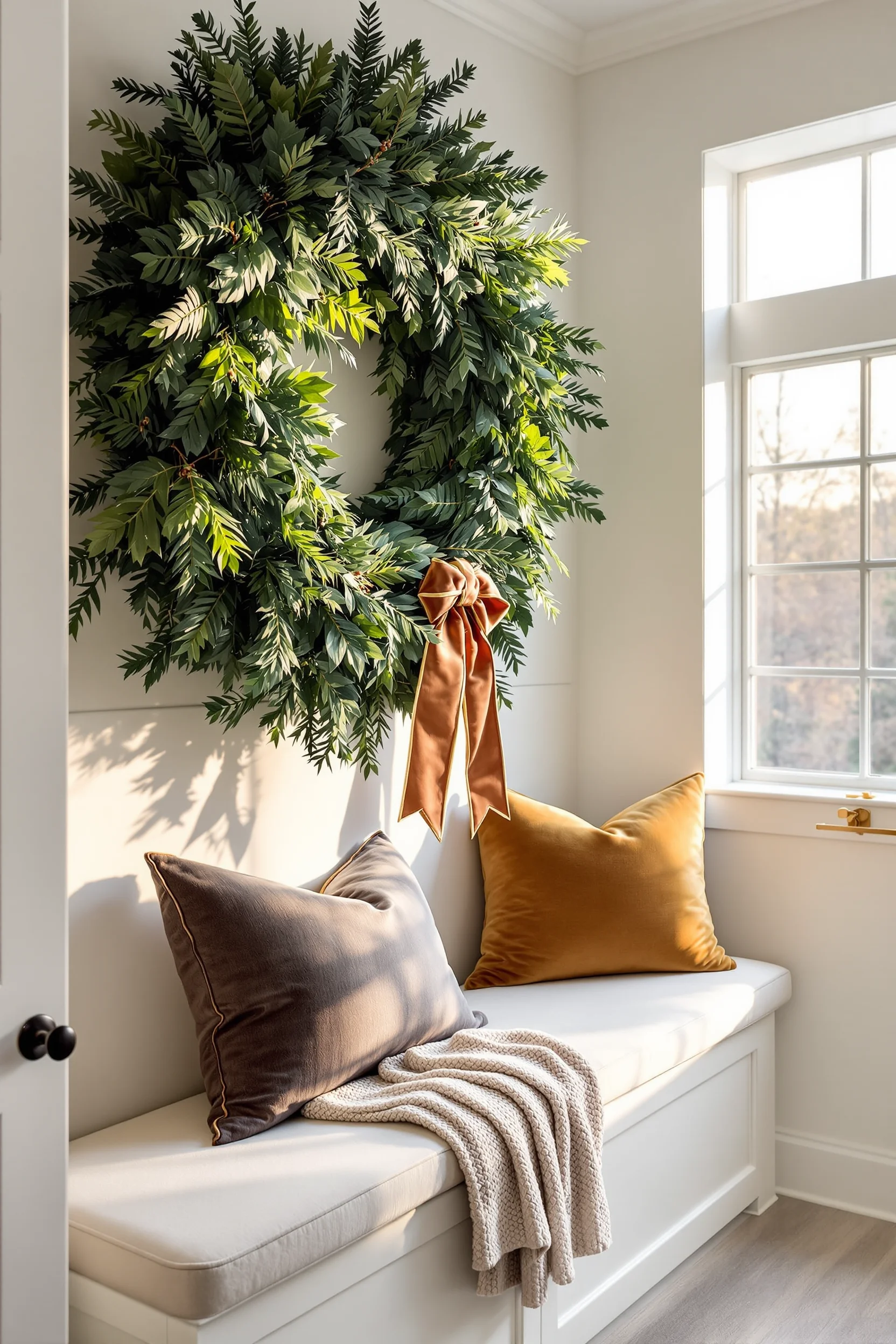 christmas mudroom design with green holiday wreath built in bench and cozy throw blanket