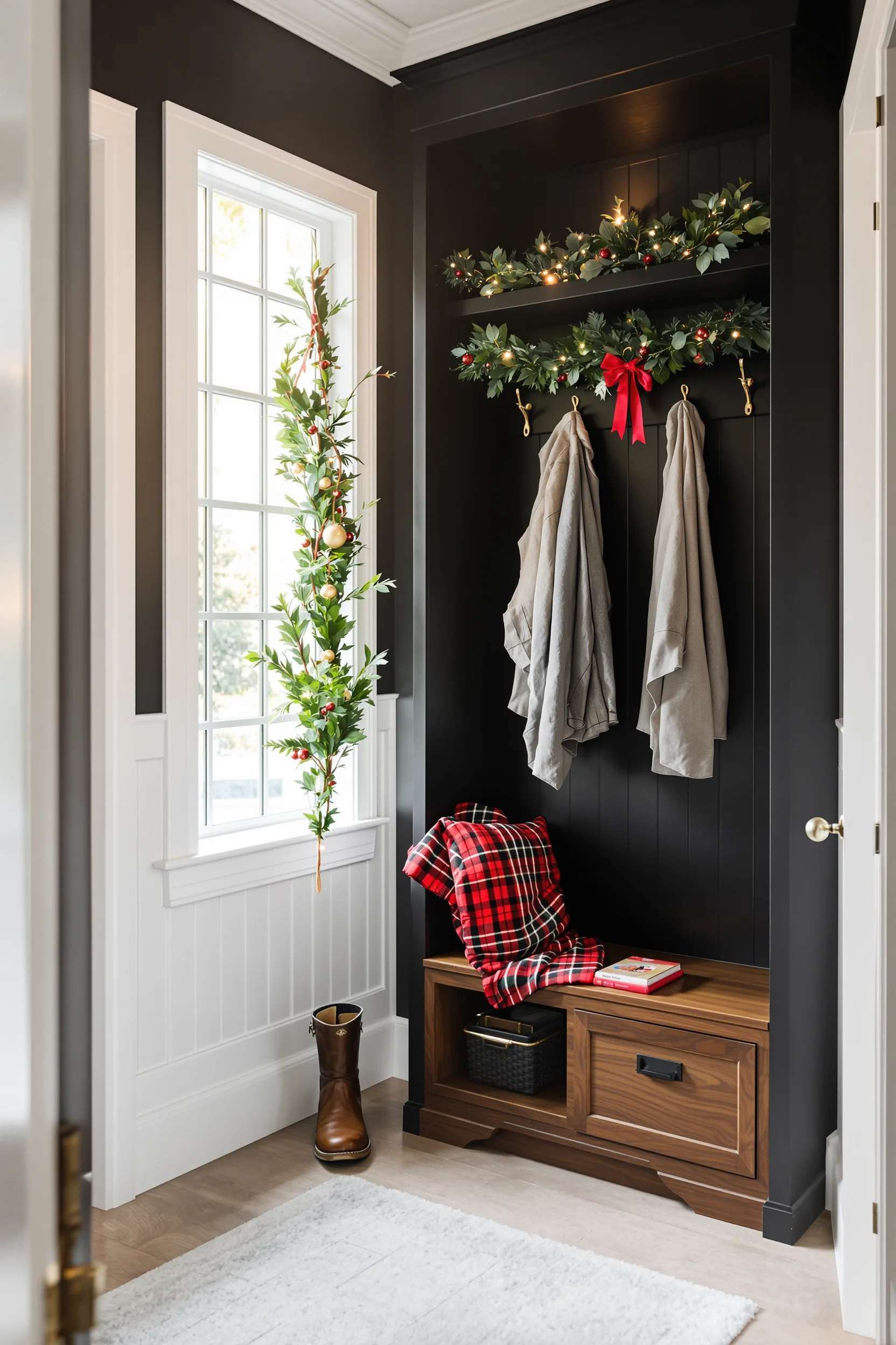 christmas mudroom designs showing black accent wall with warm white shiplap and holiday decor