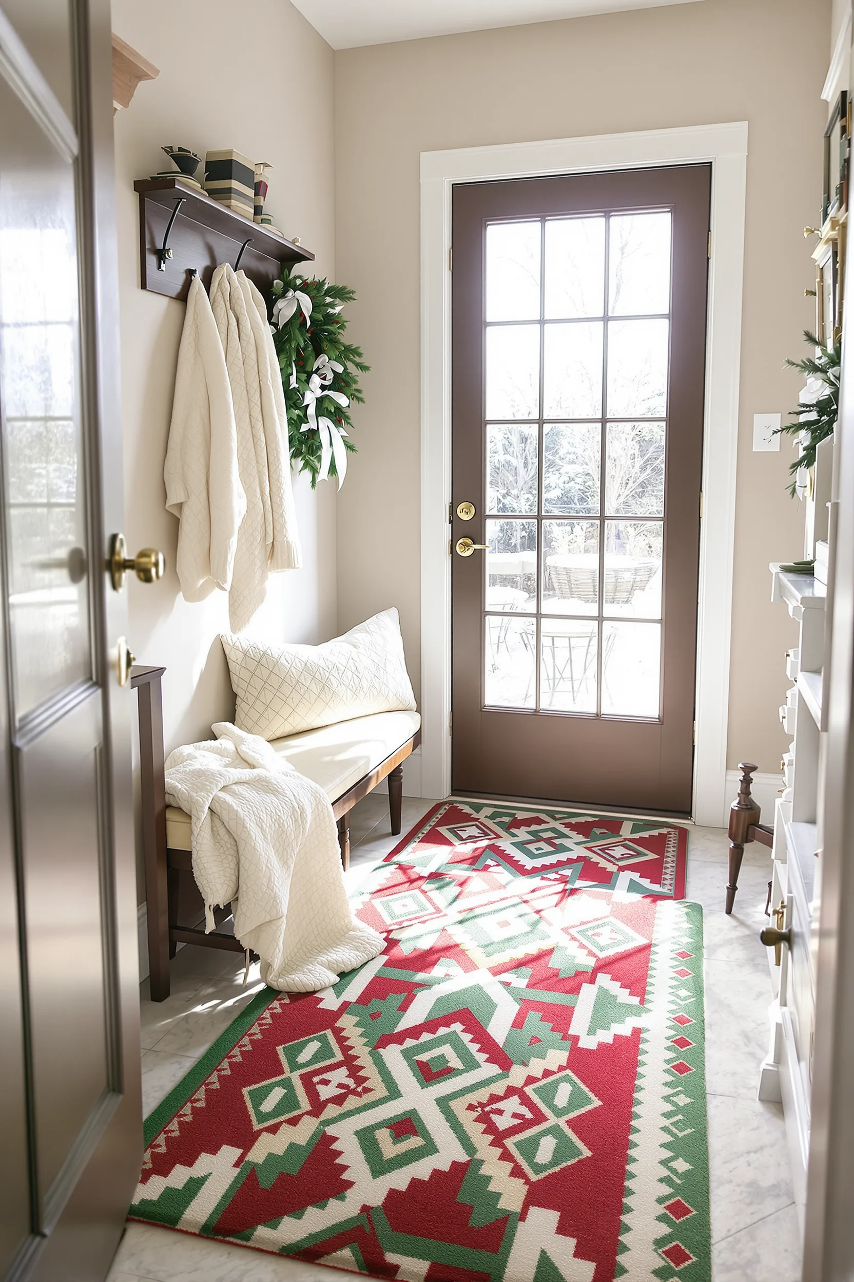 christmas mudroom designs showing brass hooks dark wood bench and festive holiday decorations