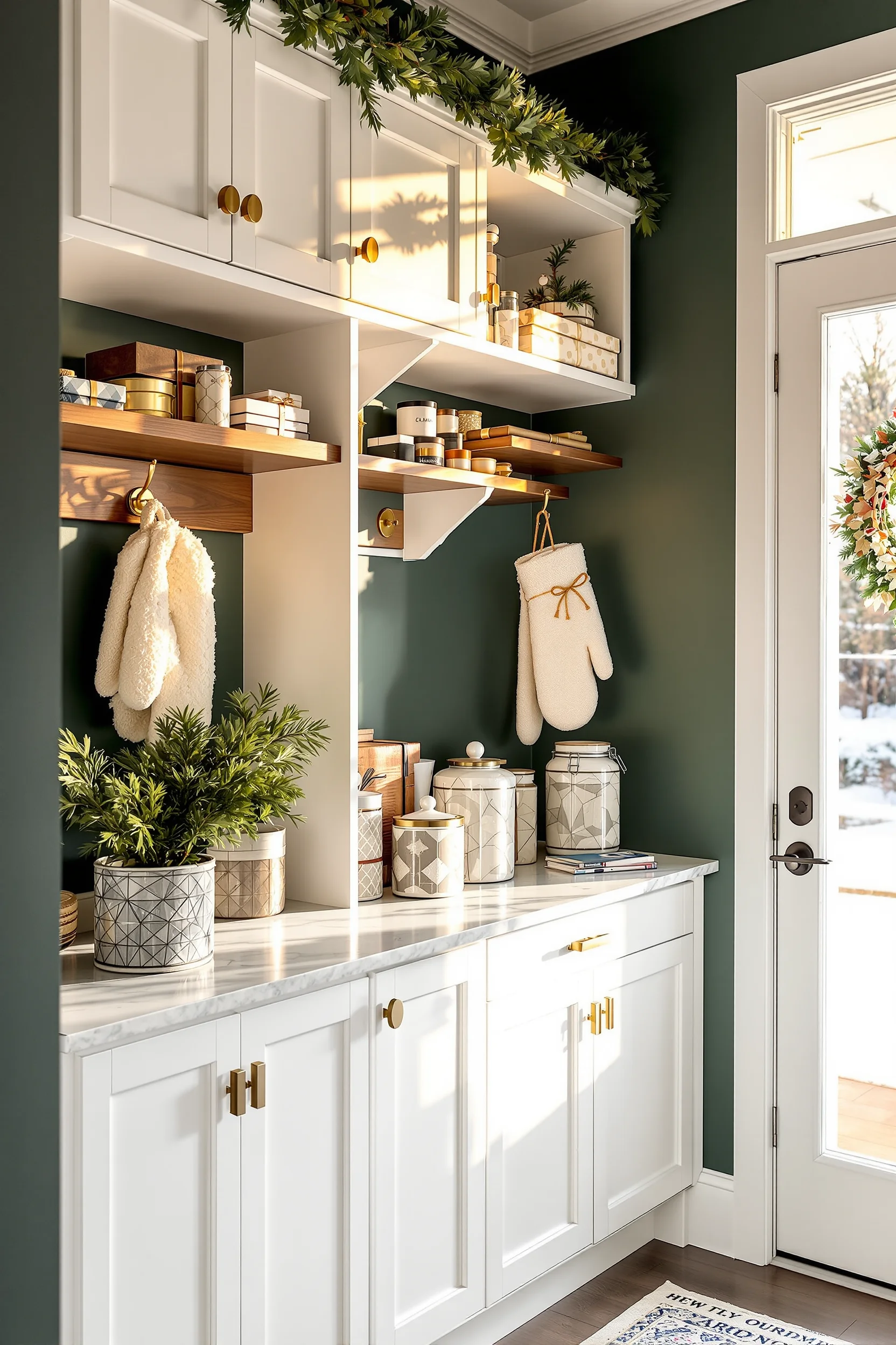 christmas mudroom designs with walnut shelving brass hardware and organized gift wrapping station