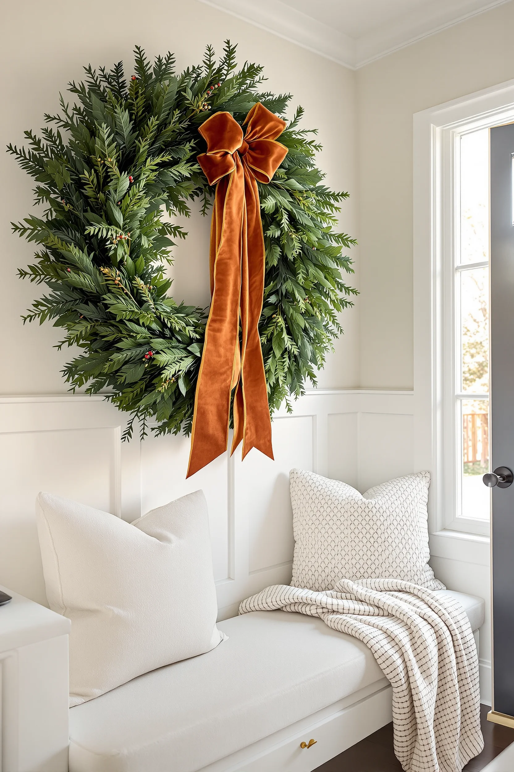 christmas mudroom ideas featuring oversized emerald wreath on white shiplap wall with golden lighting