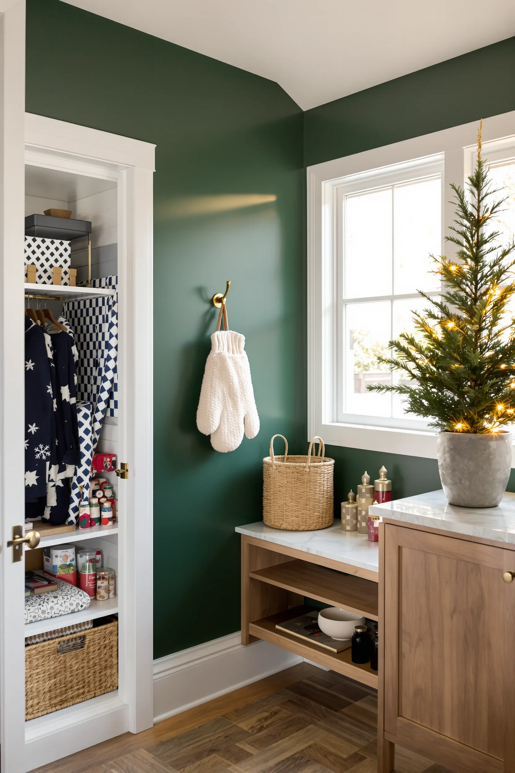 christmas mudroom ideas featuring white built in storage forest green walls and holiday decor