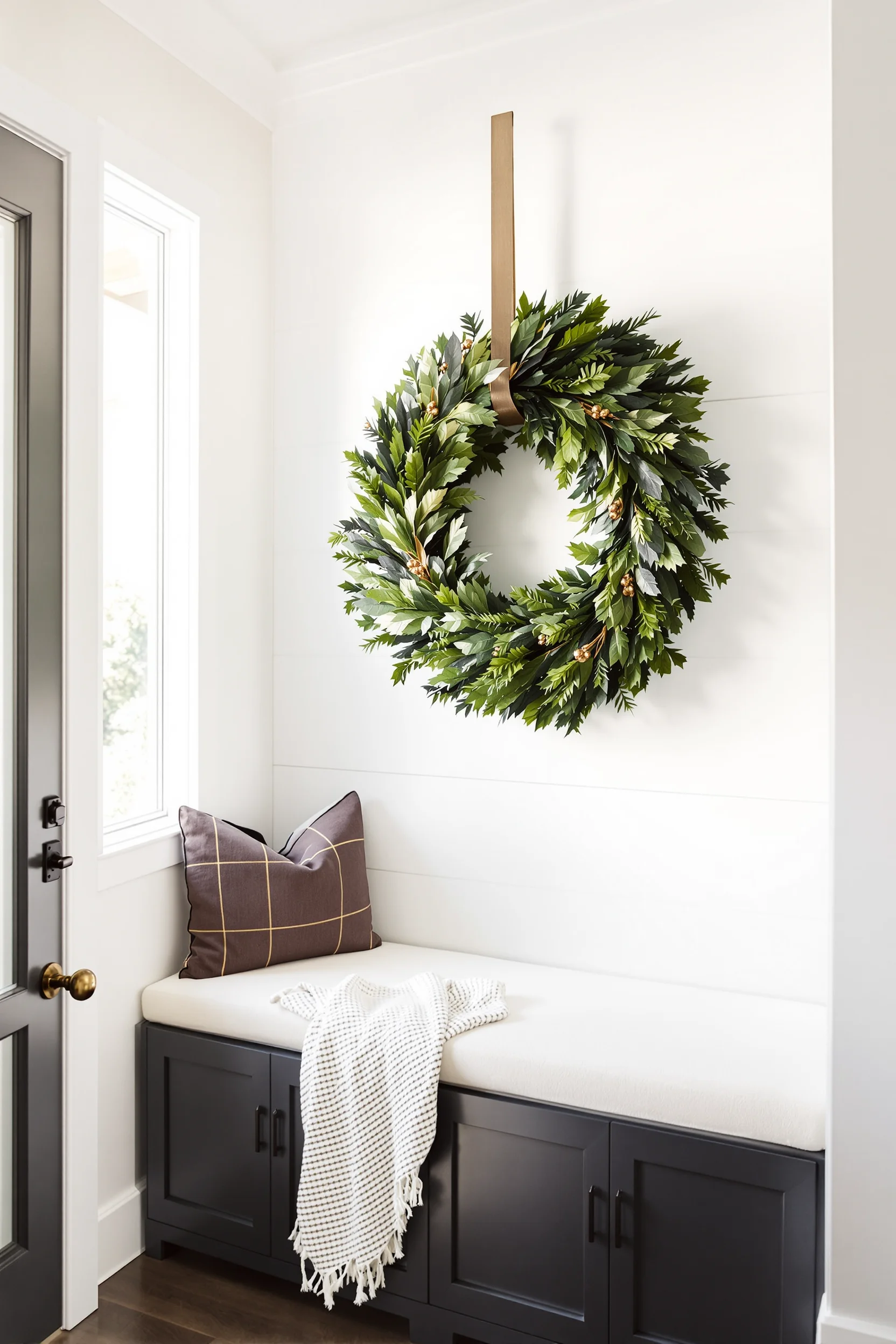christmas mudroom inspiration showing festive wreath velvet ribbons and warm window lighting
