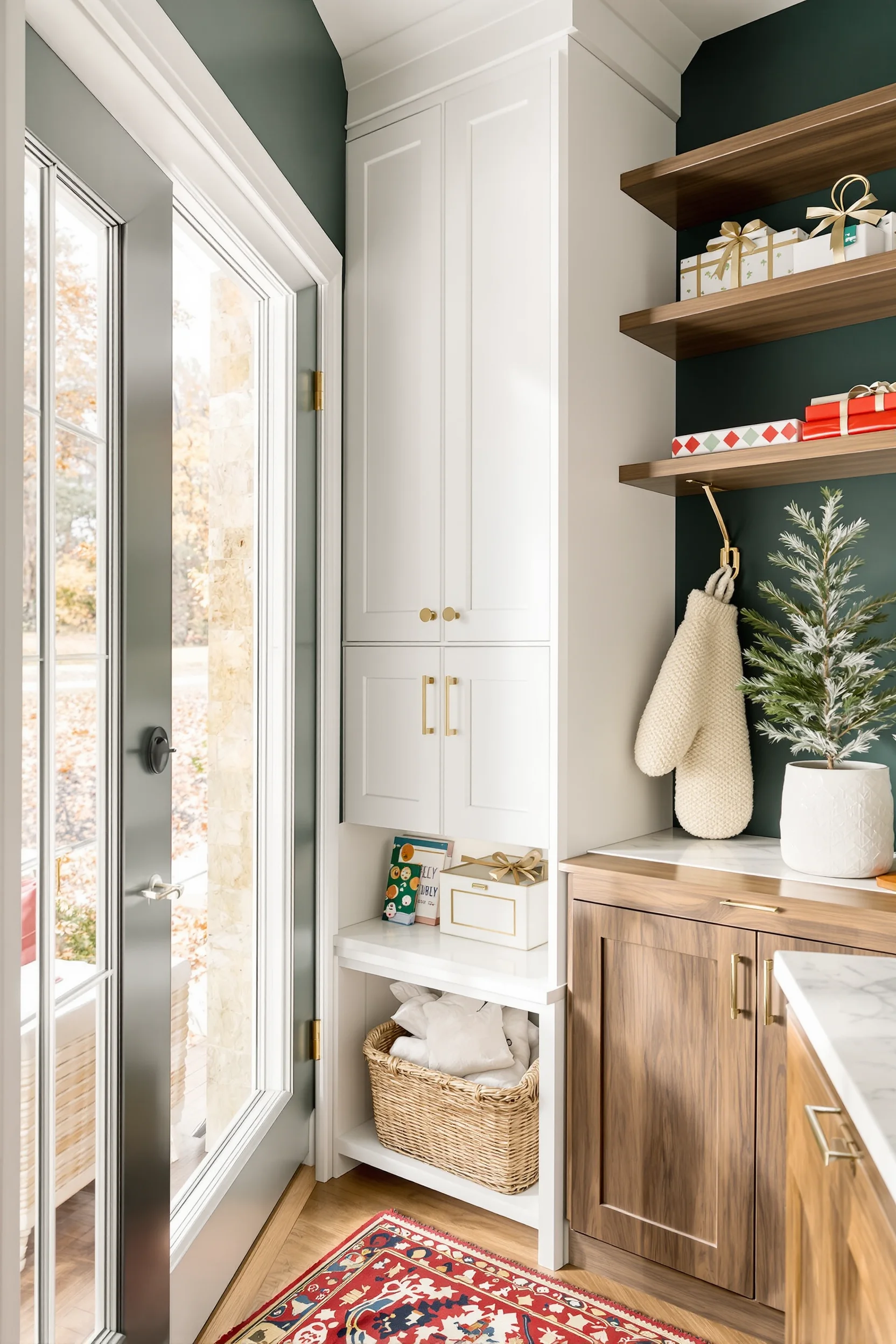 christmas mudroom inspiration showing marble countertop potted evergreen and chrome hooks with mittens