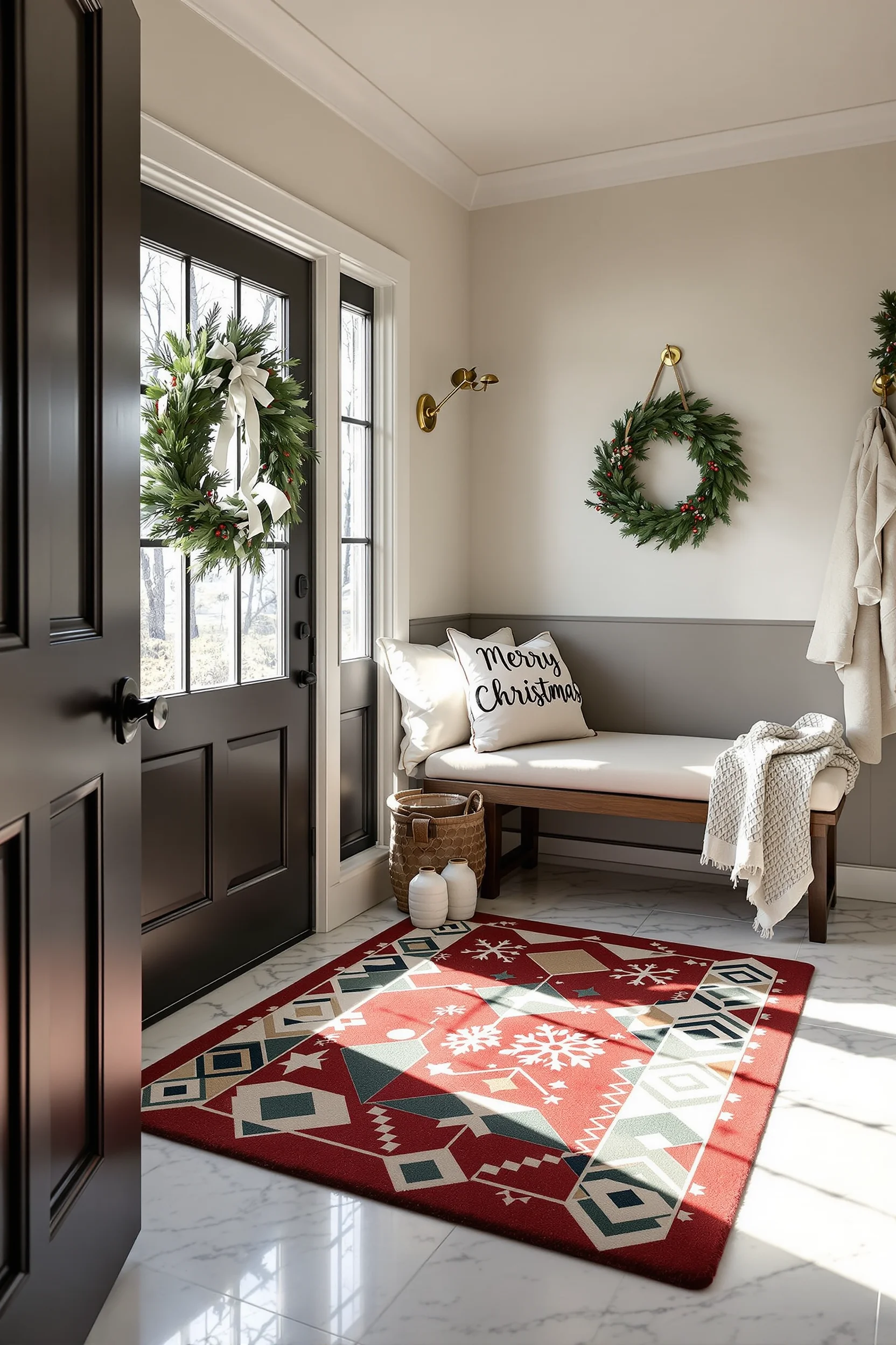 christmas mudroom inspiration with marble flooring natural light and cozy holiday styling elements