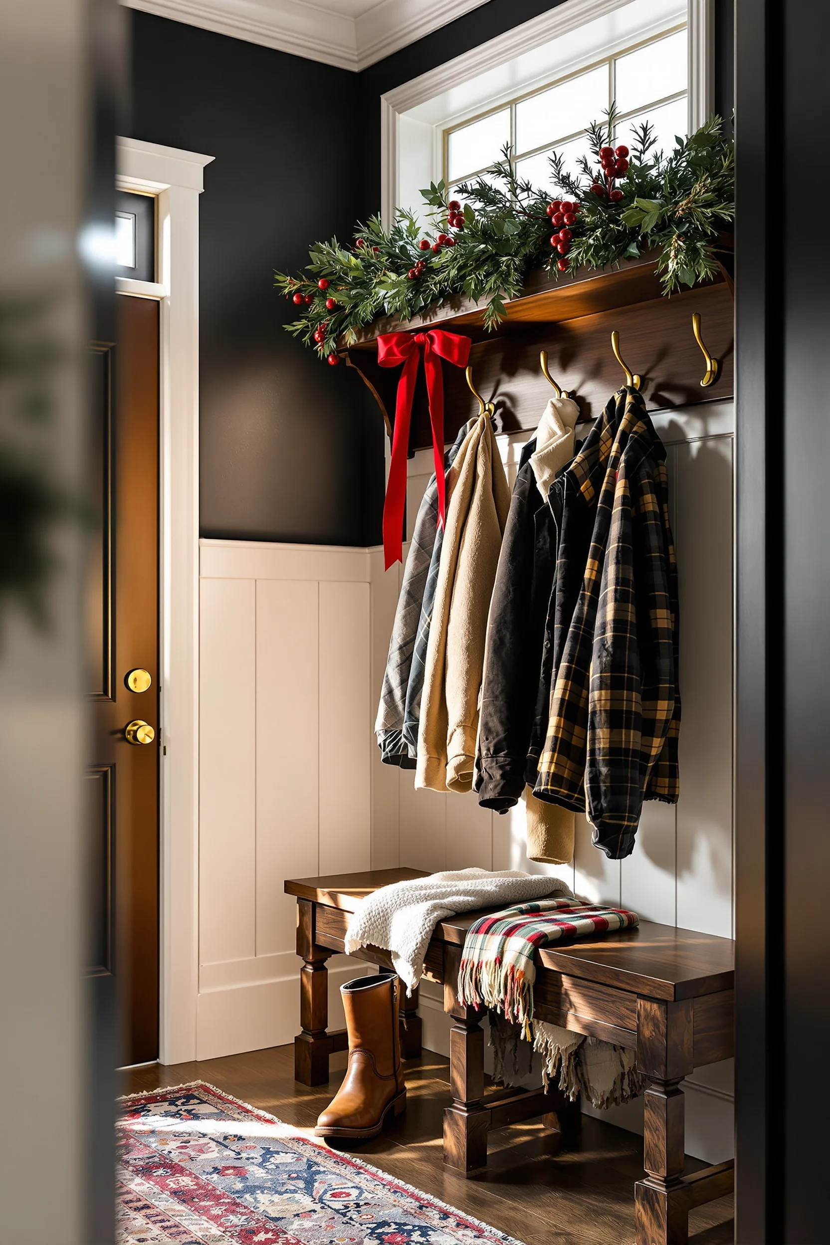 christmas mudroom inspiration with walnut wood finish and cozy plaid throw below brass hooks
