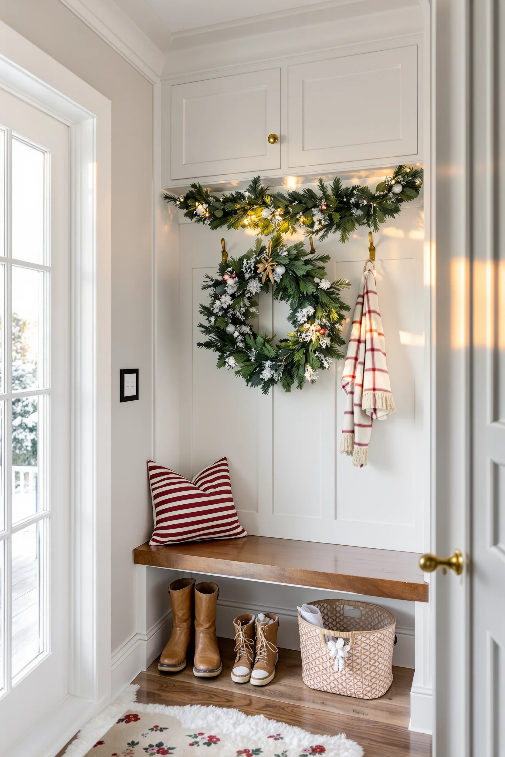 christmas mudroom storage aesthetics displaying forest green holiday garland against bright white built in lockers