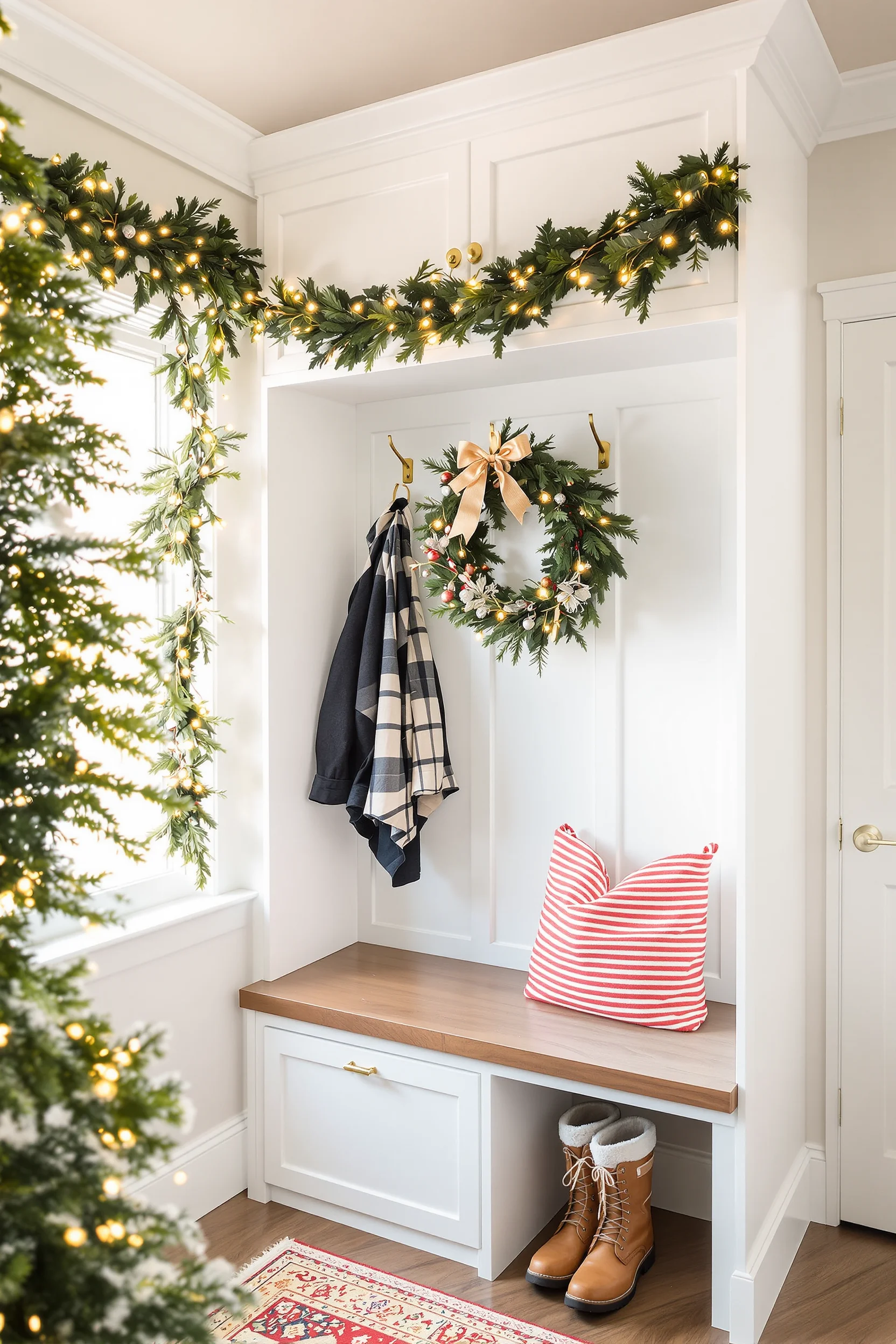 christmas mudroom storage inspiration with candy cane striped baskets and golden hour lighting through window