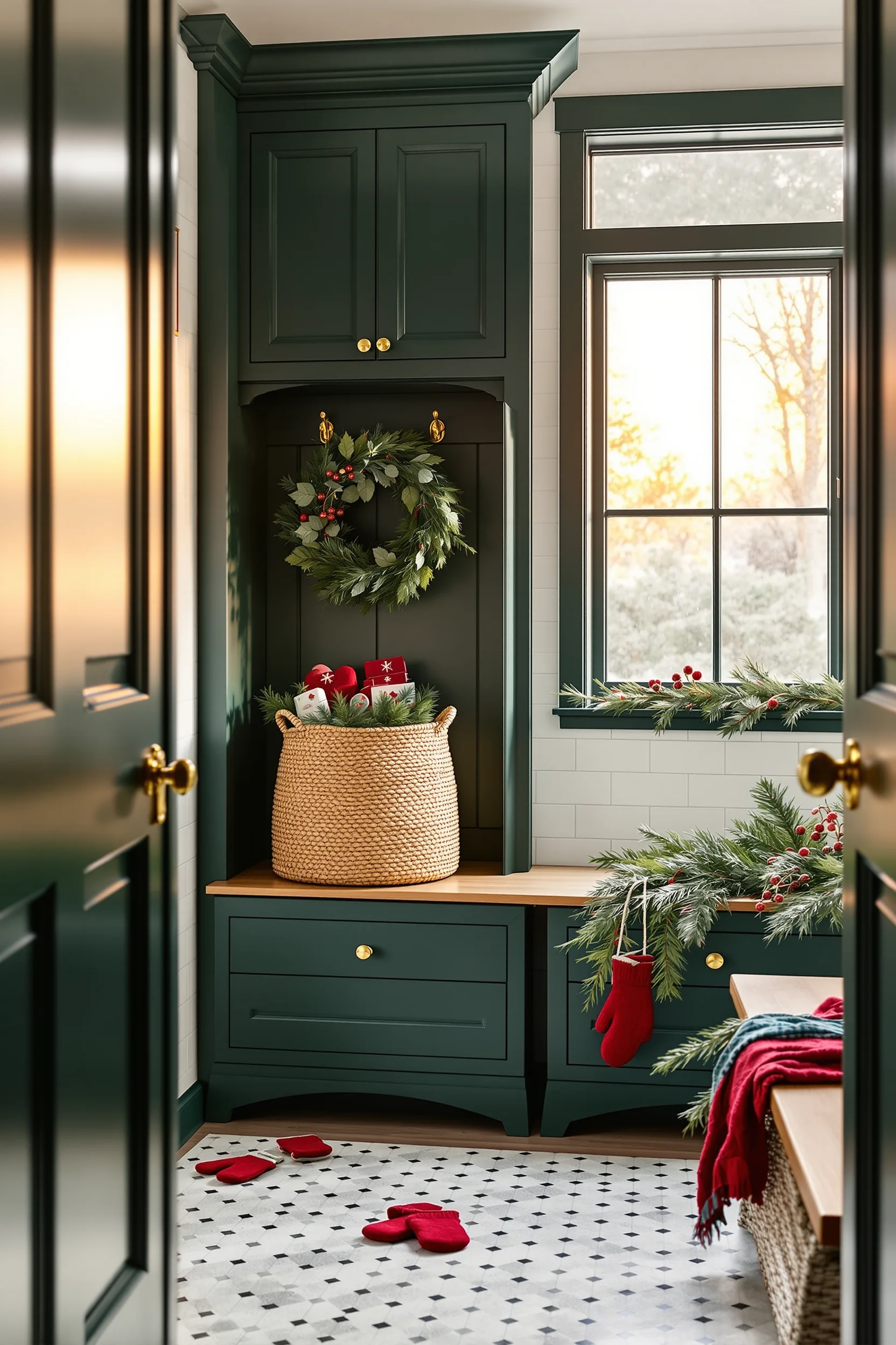christmas small mudroom aesthetics displaying woven basket green mudroom cabinets brass hardware holiday decor