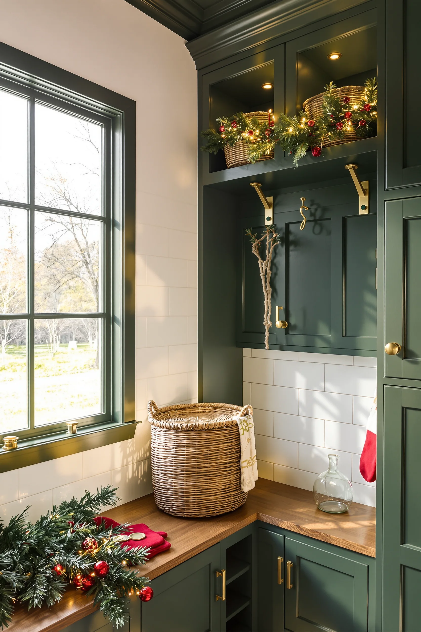 christmas small mudroom designs with festive basket forest green cabinets golden hour lighting pine garland
