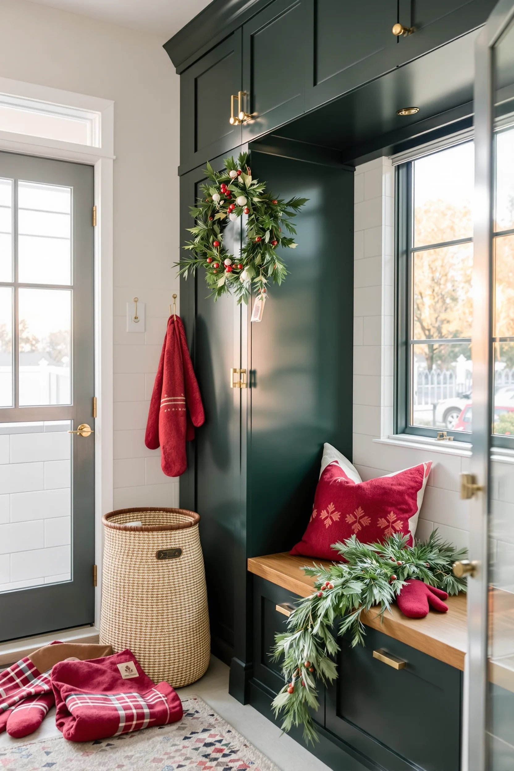 christmas small mudroom ideas featuring woven storage basket green cabinetry white subway tile brass hooks