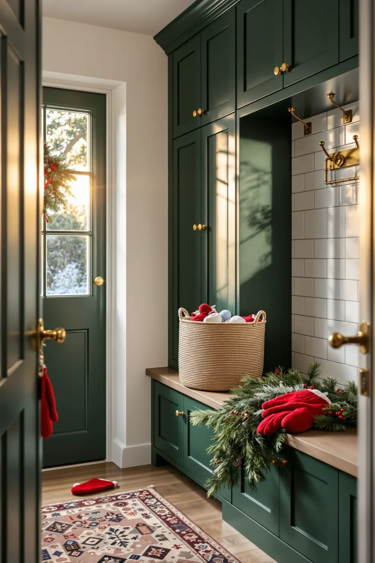 christmas small mudroom inspiration showing holiday storage deep green cabinetry warm sunlight red mittens