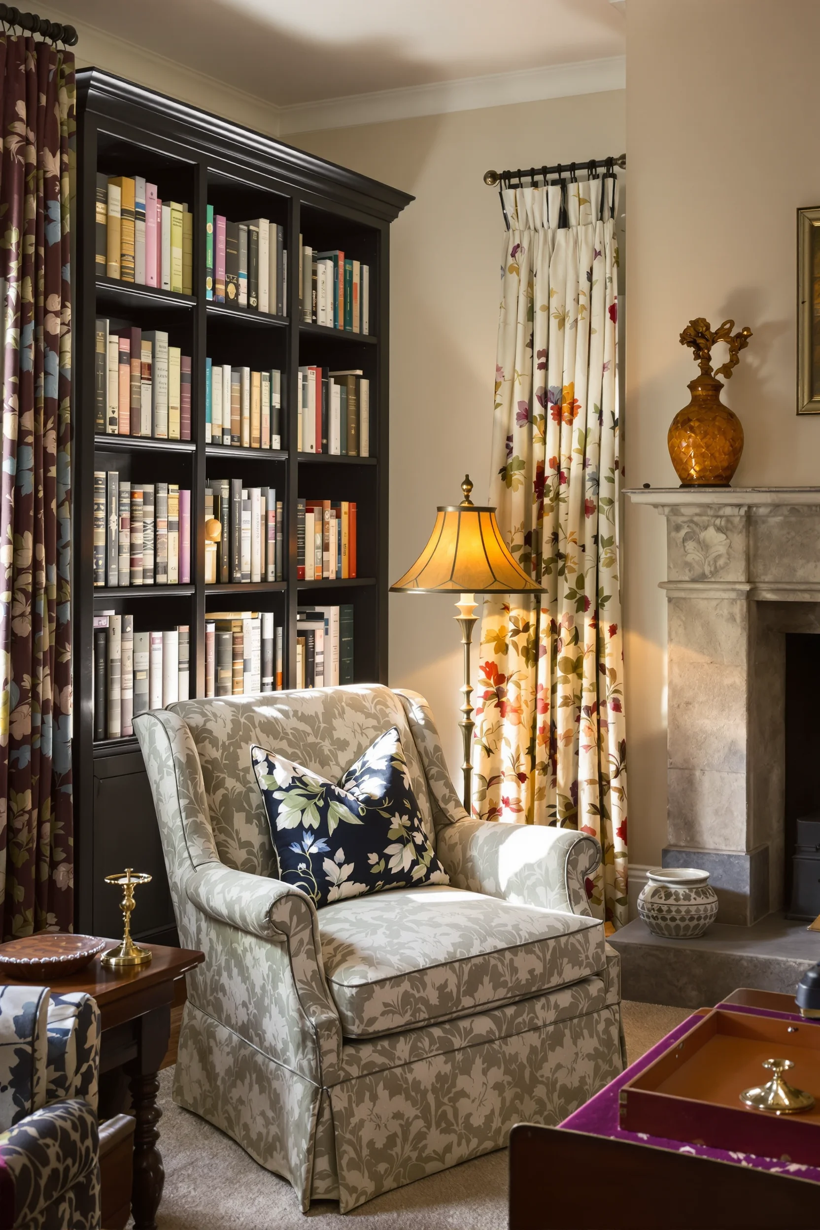 cottage core home office inspiration with burgundy sage floral drapes stone fireplace mantel cozy reading nook setup with natural light