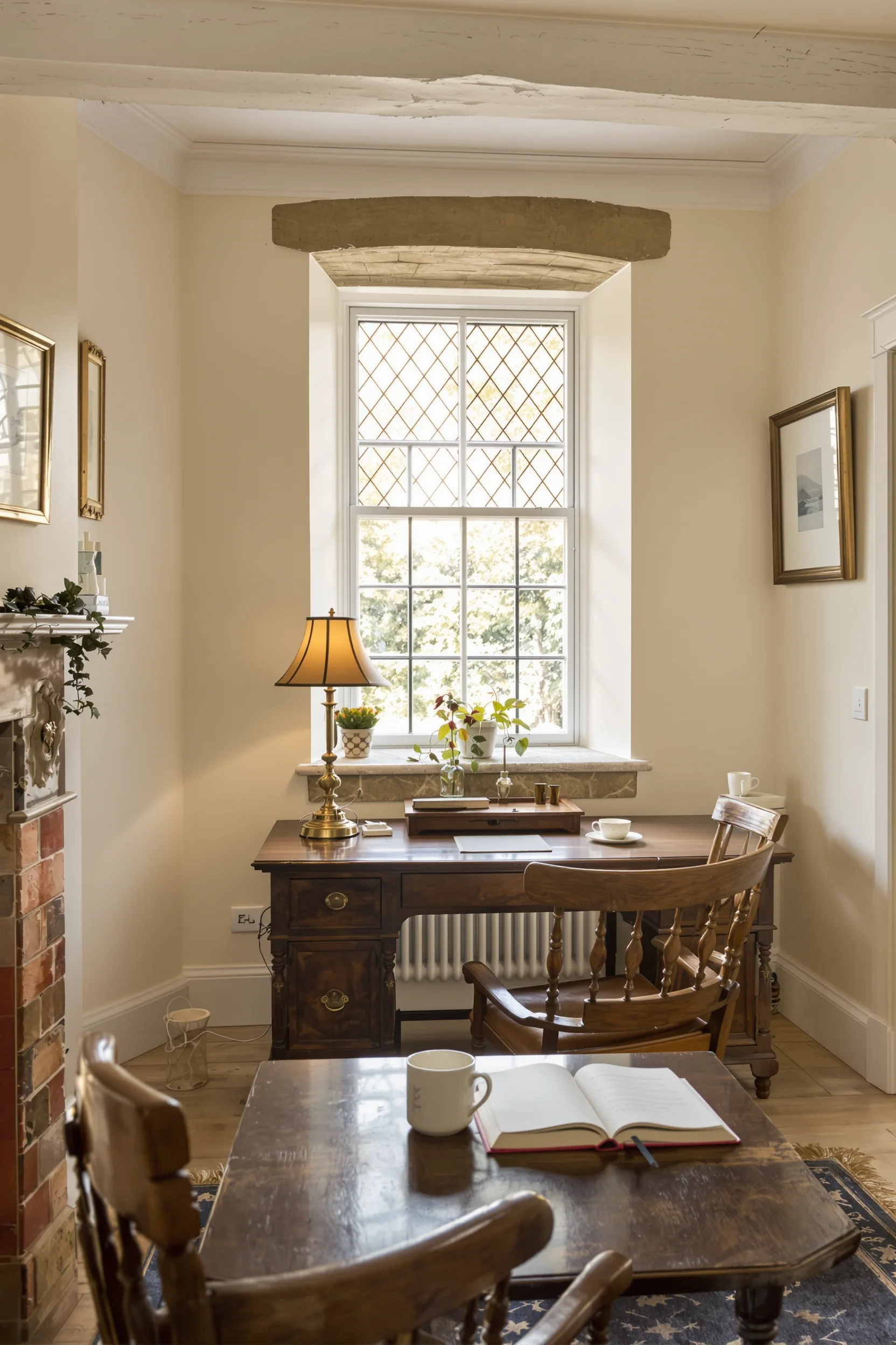 cottage office decor inspiration displaying whitewashed ceiling beam above rustic desk with open journal and ceramic mug with steam