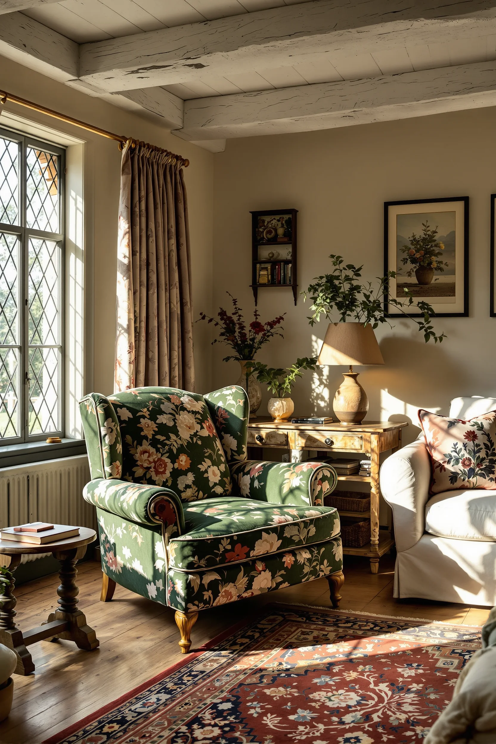 cottage style home decor designs showing forest green velvet chair leather books brass light terracotta rug pine floors