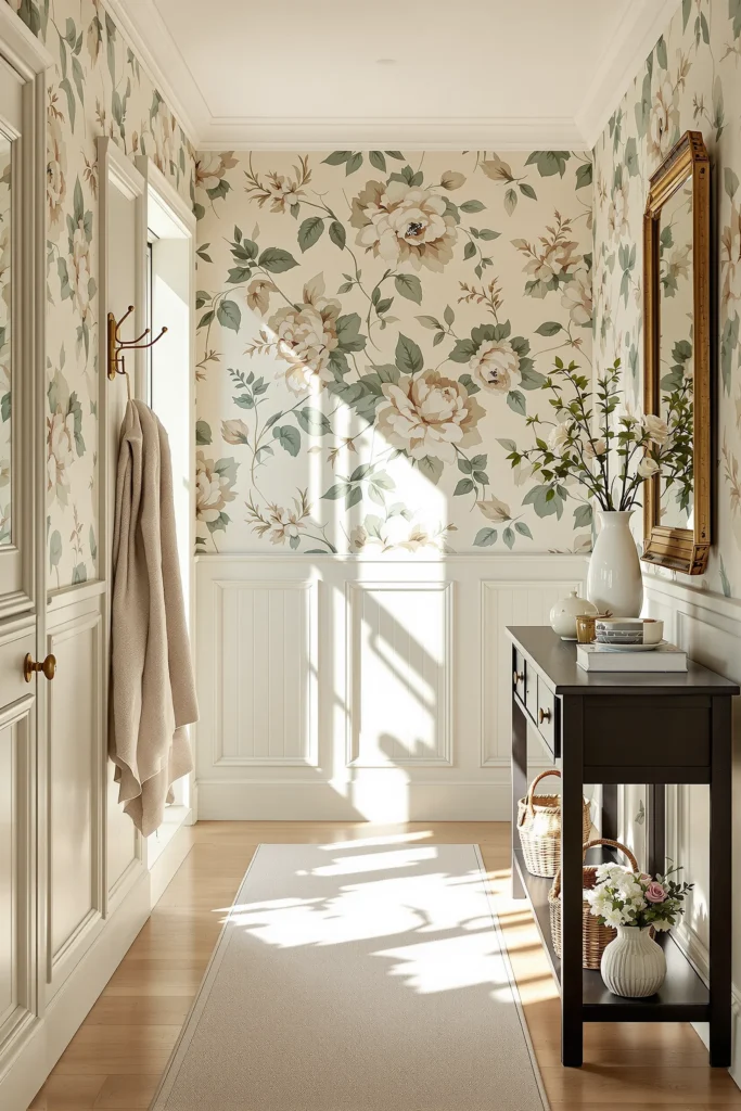 cottagecore hallway aesthetics with dramatic afternoon sunlight sage green wallpaper weathered mirror and handwoven wool throw draped casually
