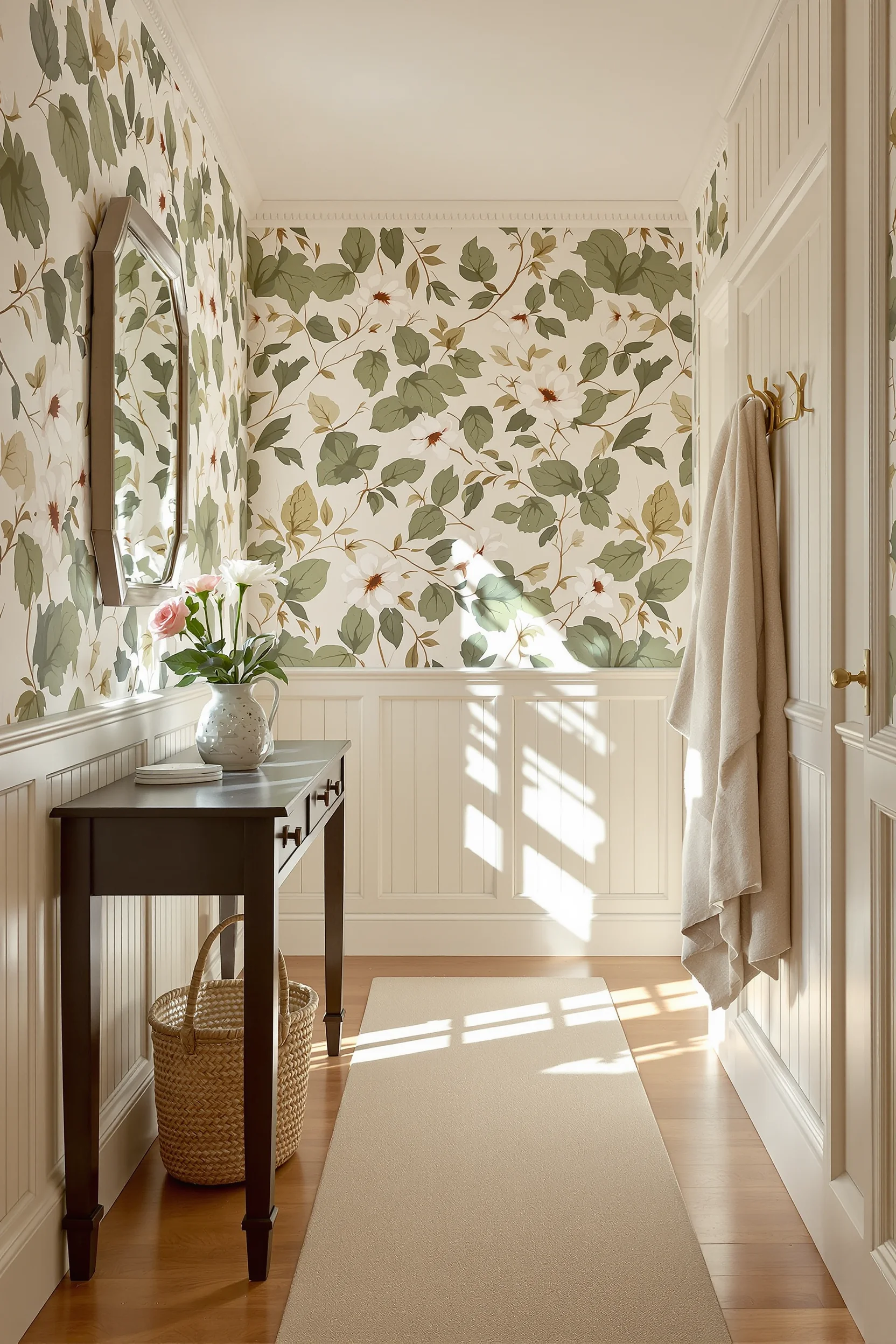 cottagecore hallway designs showcasing english cottage entryway with botanical wallpaper oak floors and cream wainscoting panels throughout